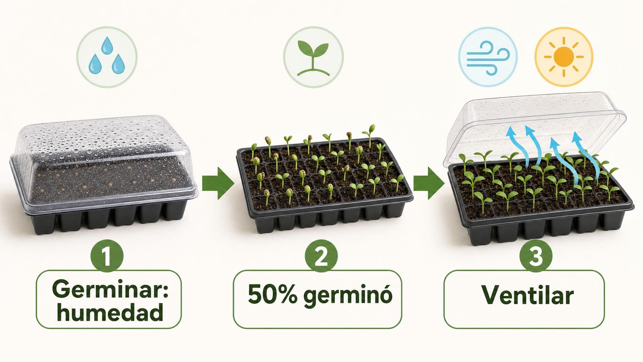 Flujo de manejo de humedad: mantener tapa para germinar, retirarla cuando germina la mitad y ventilar.
