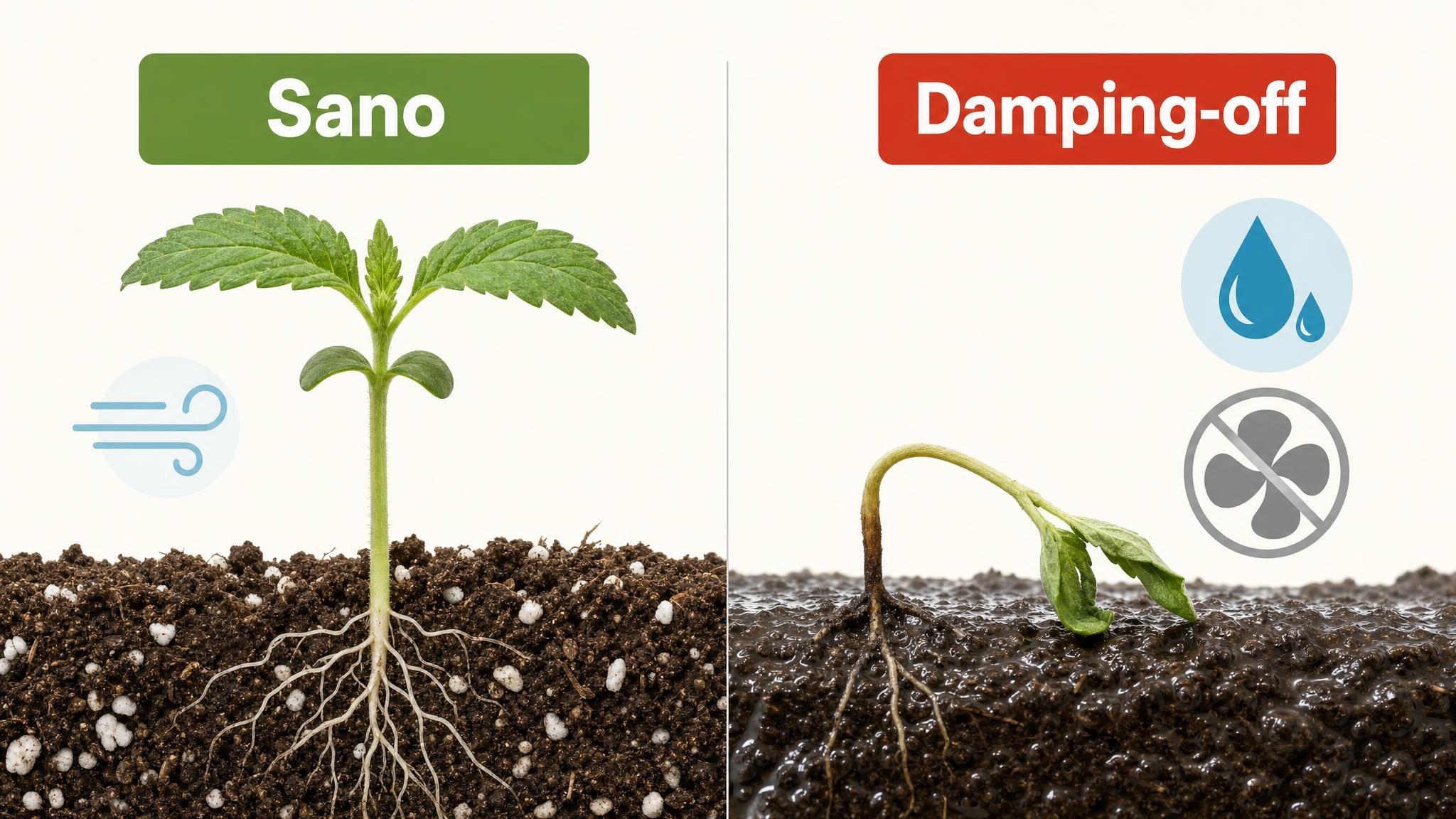 Comparación entre un plantín sano y uno afectado por damping-off con tallo estrangulado en la base.
