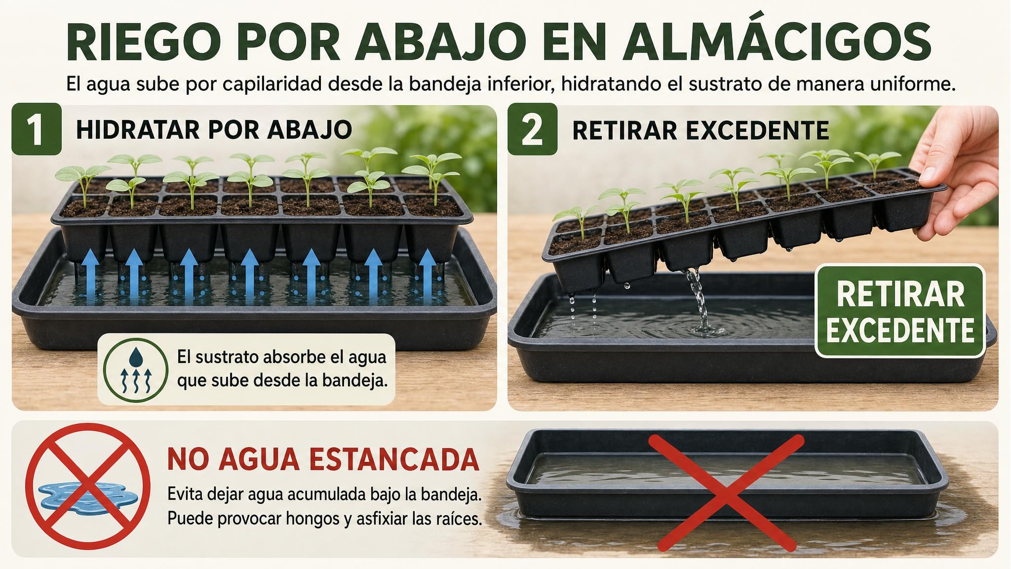 Diagrama de riego por abajo en almácigo y drenaje del excedente para evitar agua estancada.