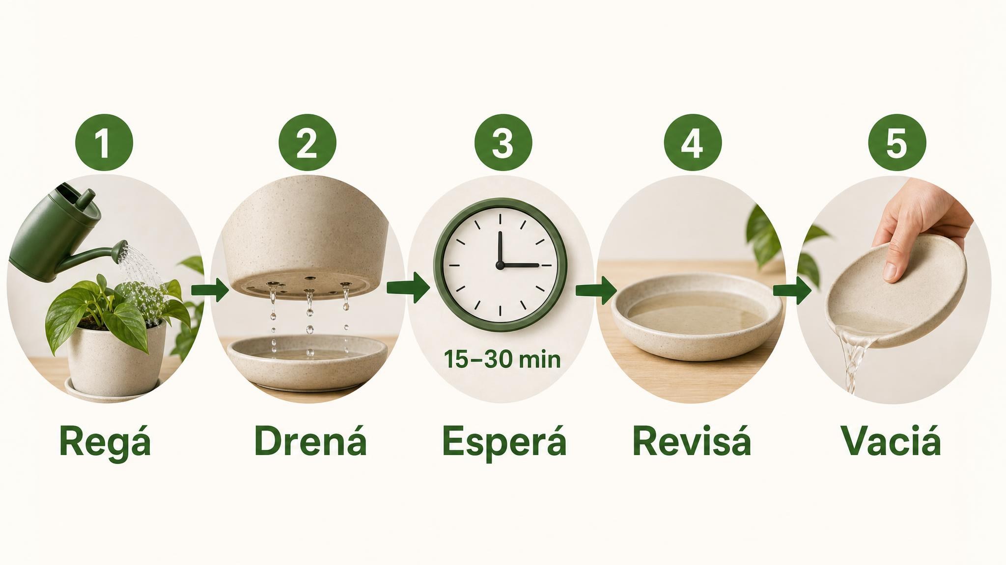Flujo de riego en maceta: regar, dejar drenar, esperar 15 a 30 minutos, revisar el plato y vaciar el sobrante.
