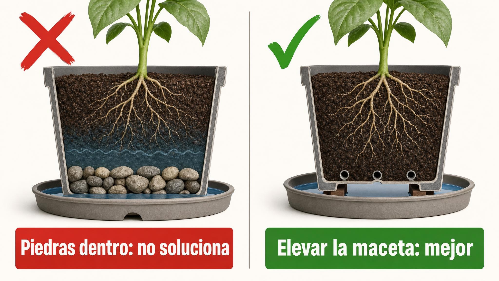 Comparación entre poner piedras dentro de la maceta y elevar la maceta sobre el plato para mantener libres los agujeros de drenaje.
