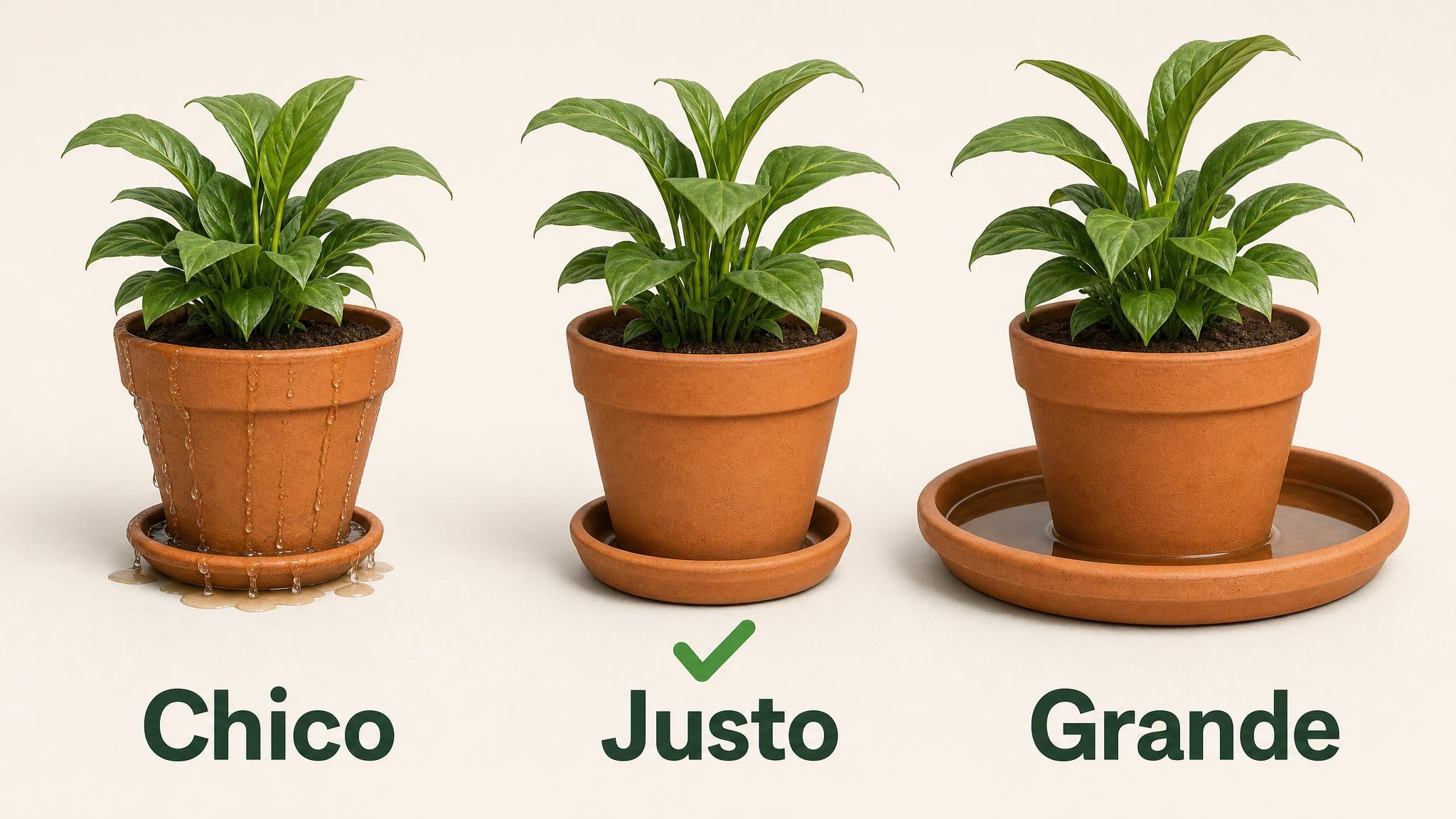 Tres opciones de tamaño de plato bajo maceta: demasiado chico, tamaño justo y demasiado grande con agua acumulada.