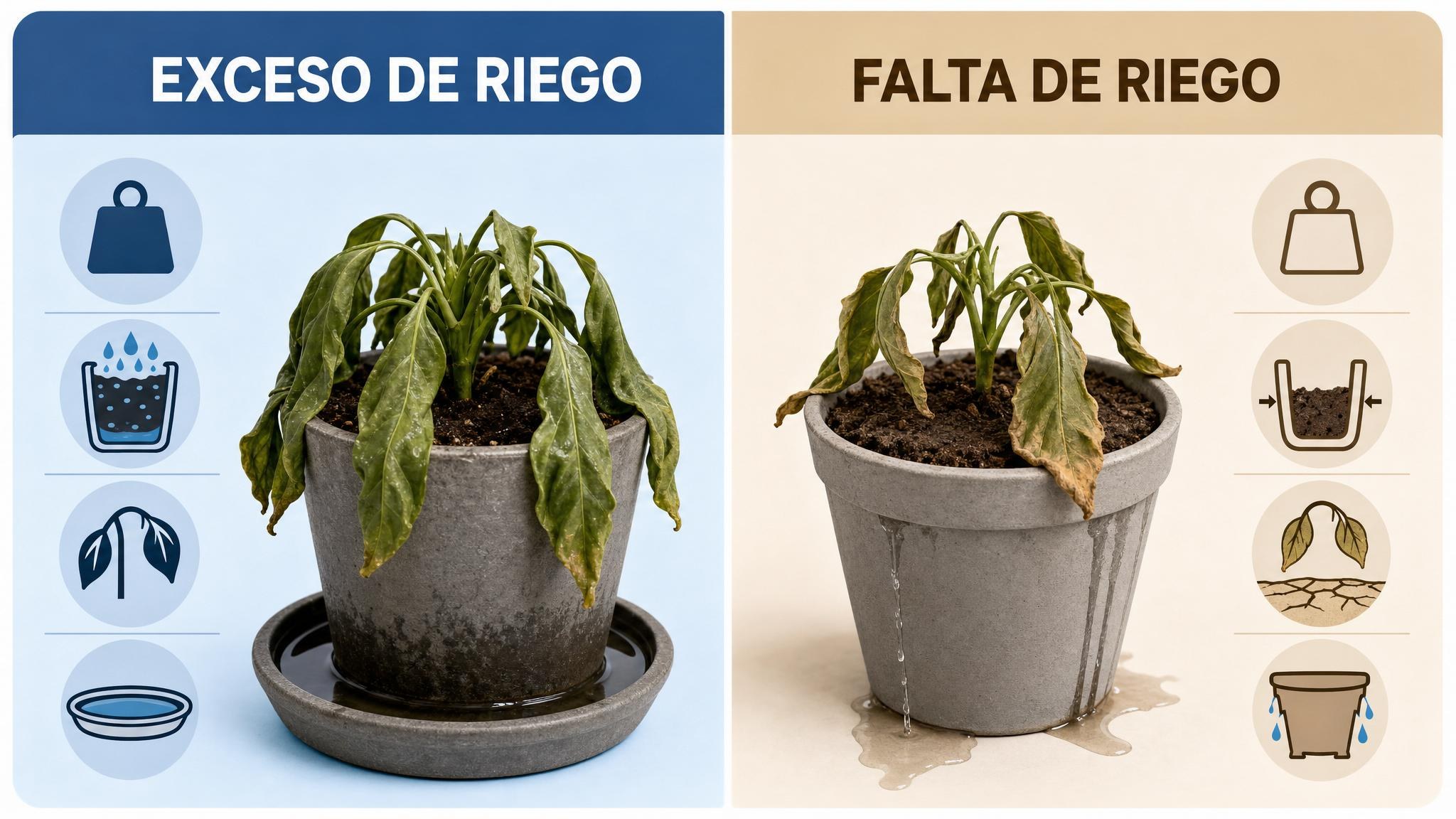 Comparación visual entre señales de exceso de riego y falta de riego en macetas durante invierno.