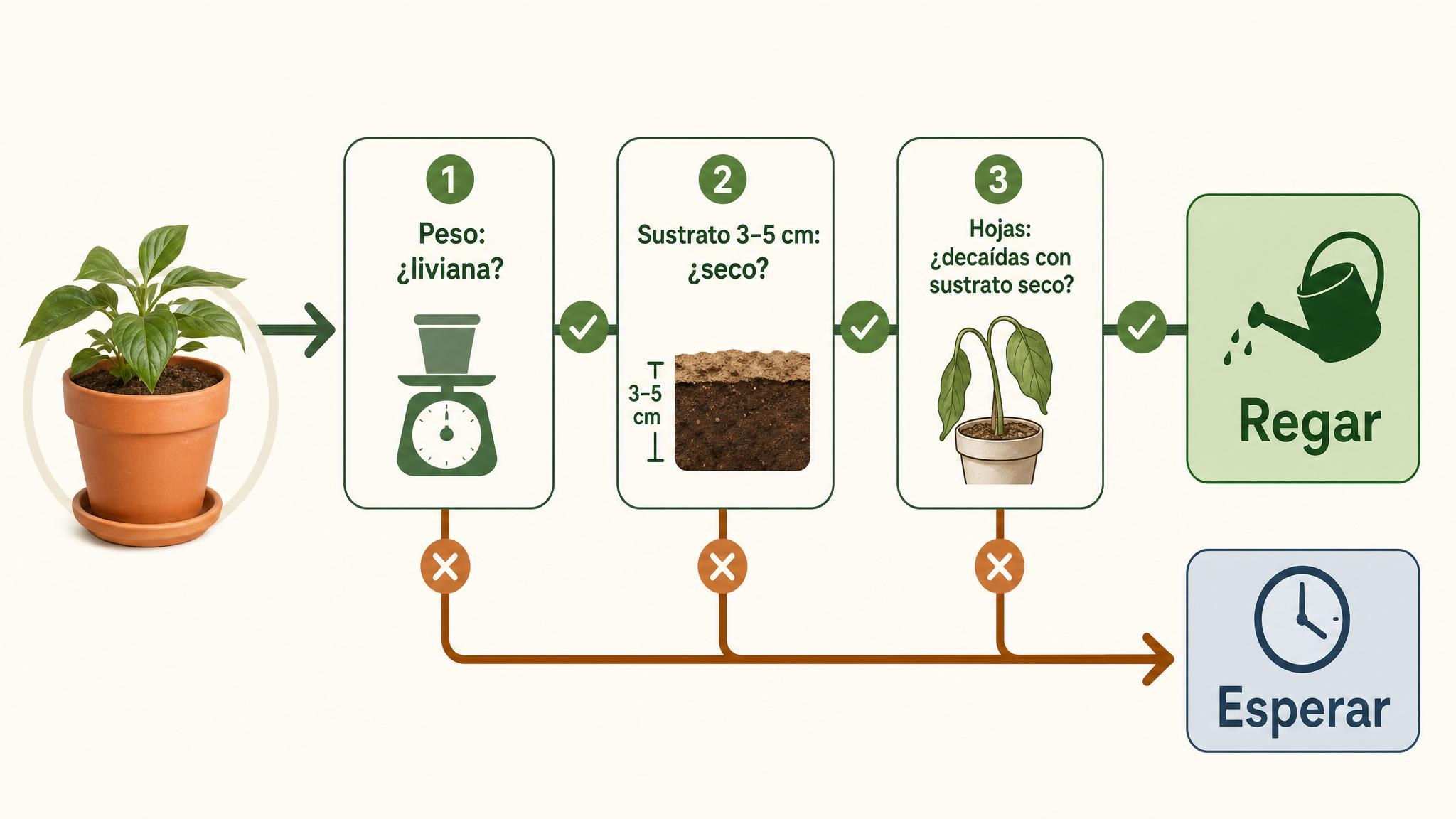 Diagrama de decisión para saber si una maceta necesita riego en invierno revisando peso, humedad interna y estado de las hojas.