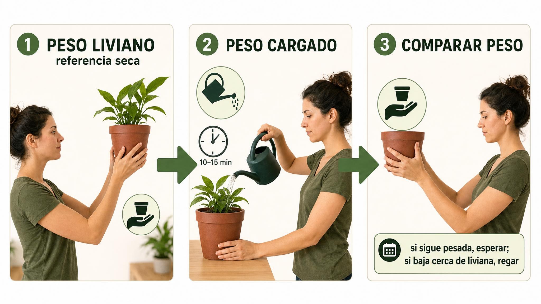 Flujo del método de riego por peso: levantar la maceta, regar, esperar y volver a comparar el peso.