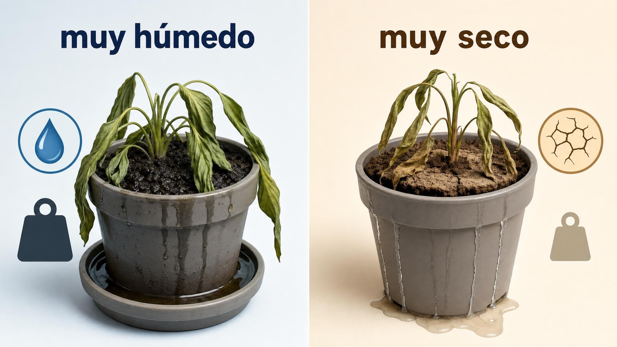 Comparación visual entre una maceta demasiado húmeda y una maceta demasiado seca.