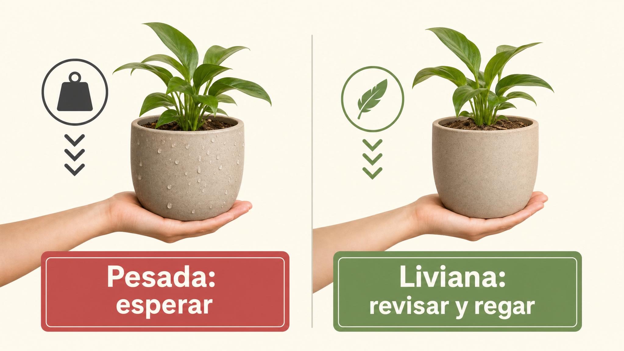 Comparación visual entre una maceta pesada recién regada y una maceta liviana lista para revisar el riego.