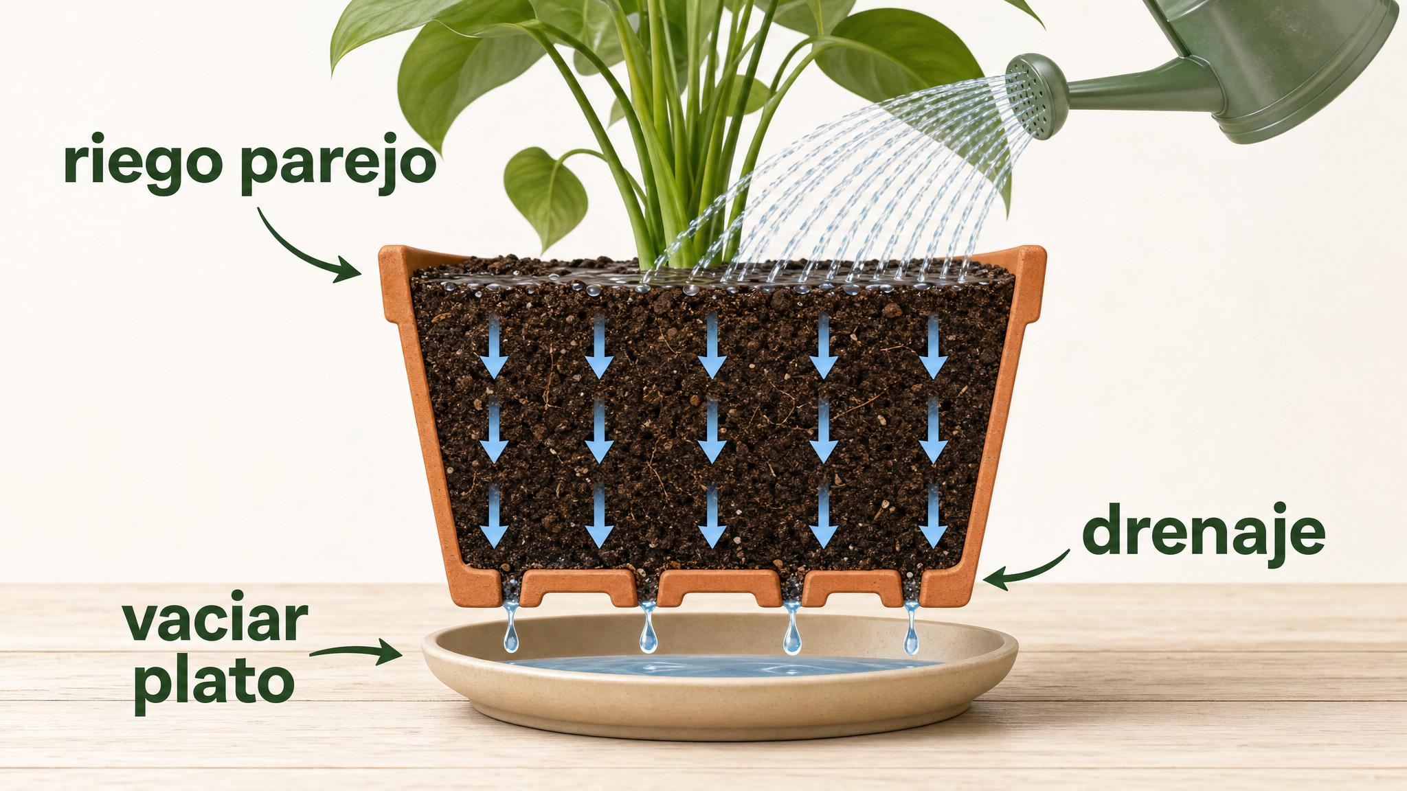 Diagrama de riego correcto en maceta con humedad distribuida, drenaje por abajo y plato que se vacía.