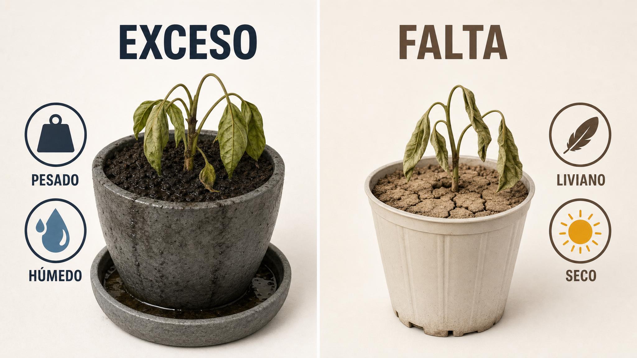 Comparación entre exceso de riego y falta de riego: ambas plantas pueden verse caídas, pero el sustrato y el peso cambian.
