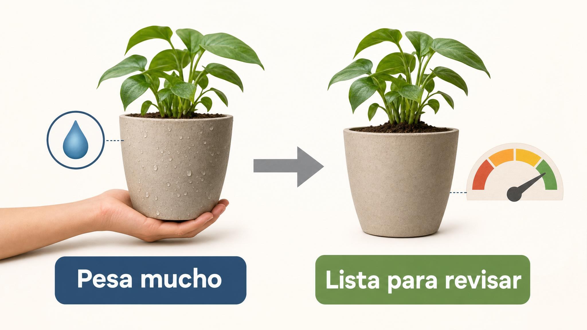 Comparación visual entre una maceta recién regada que pesa mucho y una maceta más liviana lista para revisar antes de regar.