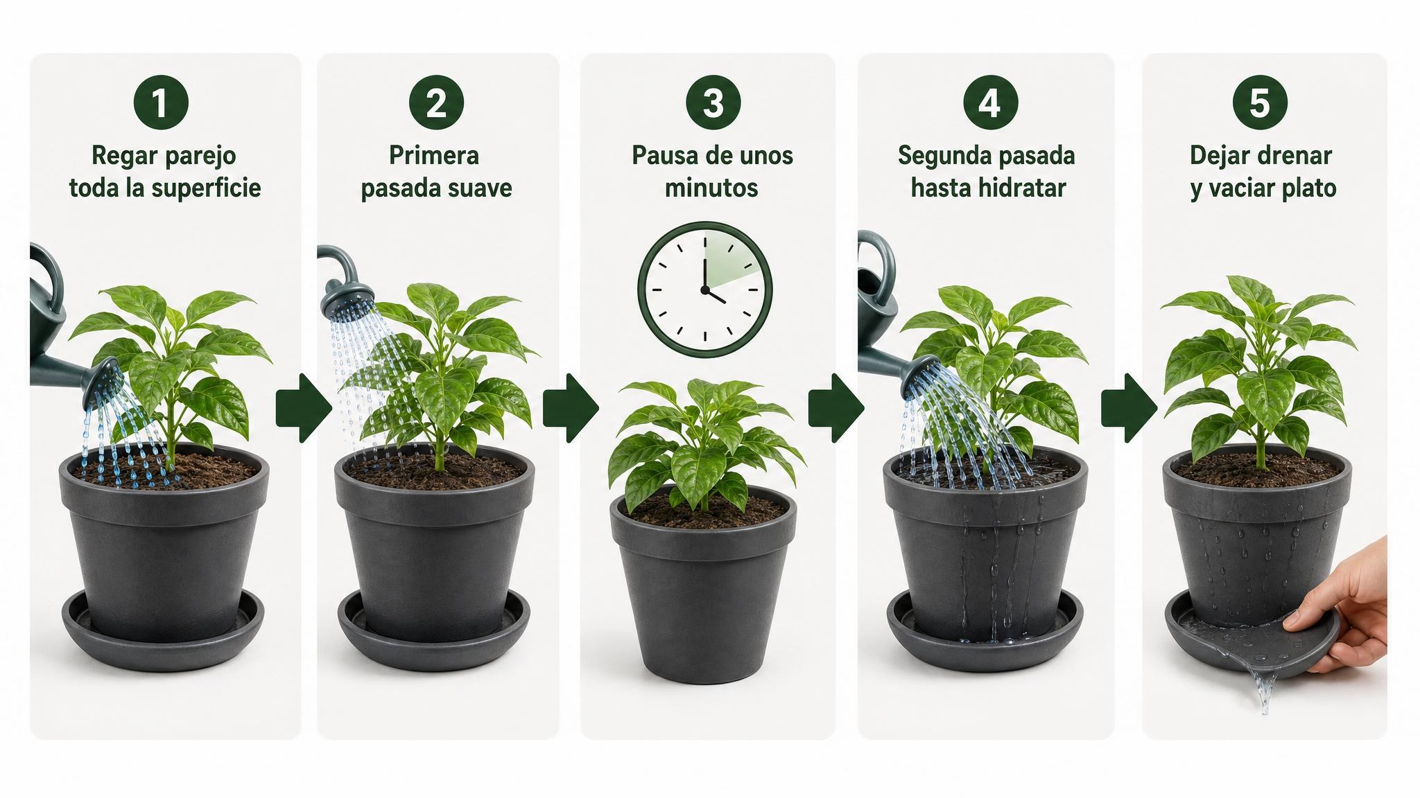 Flujo de riego correcto en maceta: regar parejo, hacer pausa, volver a regar, dejar drenar y vaciar el plato.