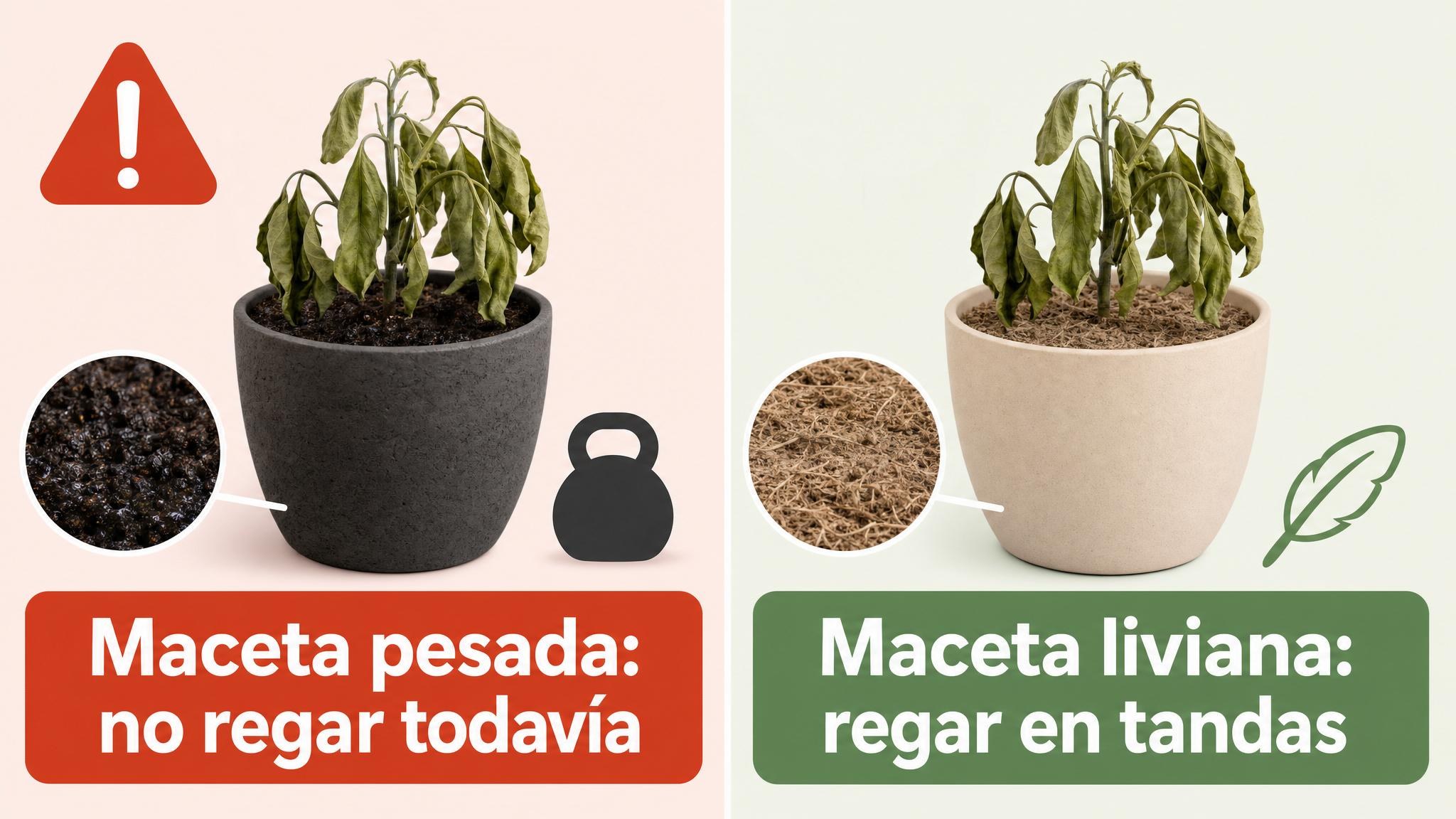 Comparación de hojas caídas por exceso de humedad versus hojas caídas con maceta liviana por falta de agua.