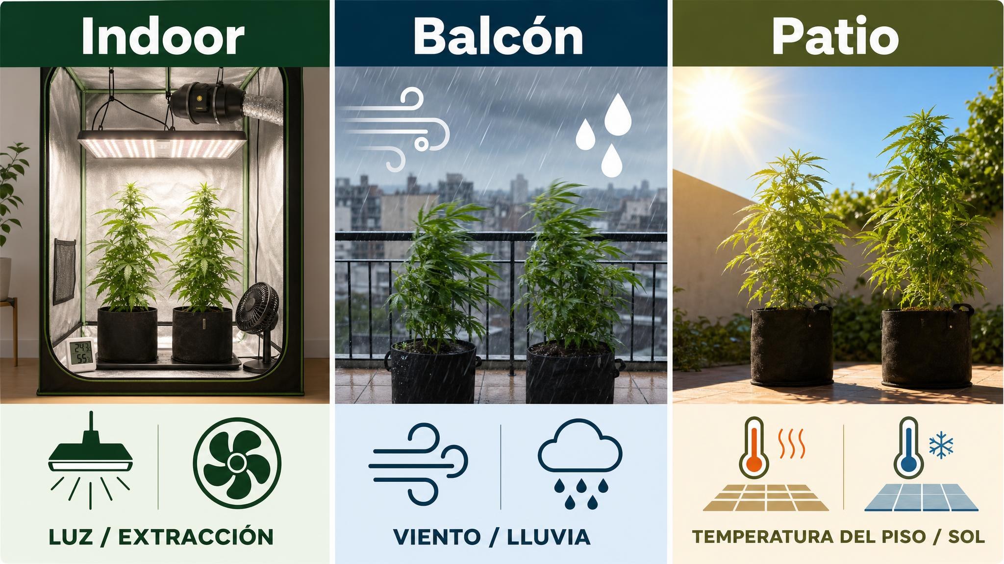 Comparación de factores que cambian el riego en indoor, balcón y patio.