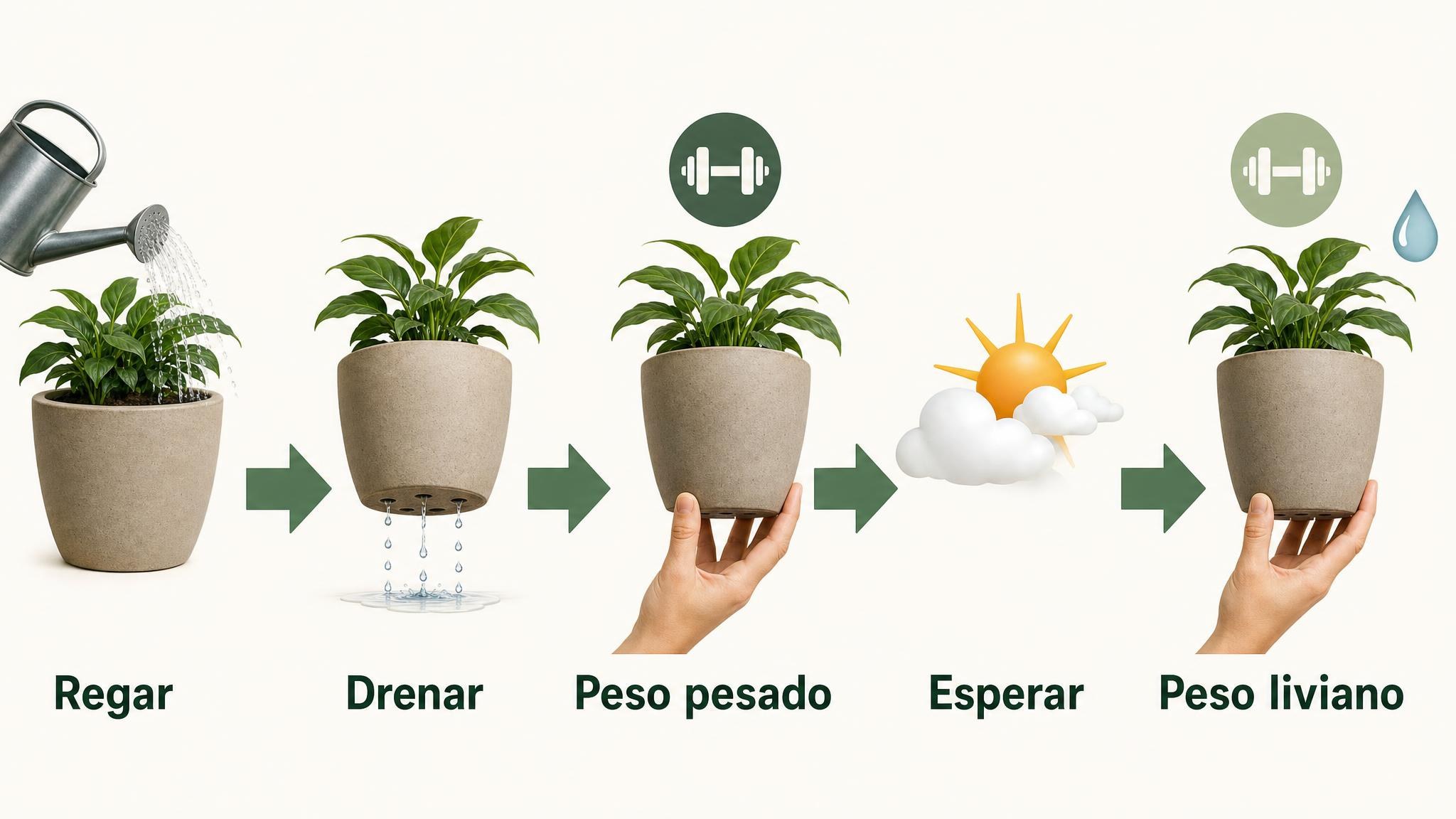 Secuencia visual del método de riego por peso: regar, dejar drenar, memorizar peso pesado, esperar y volver a regar cuando la maceta está liviana.
