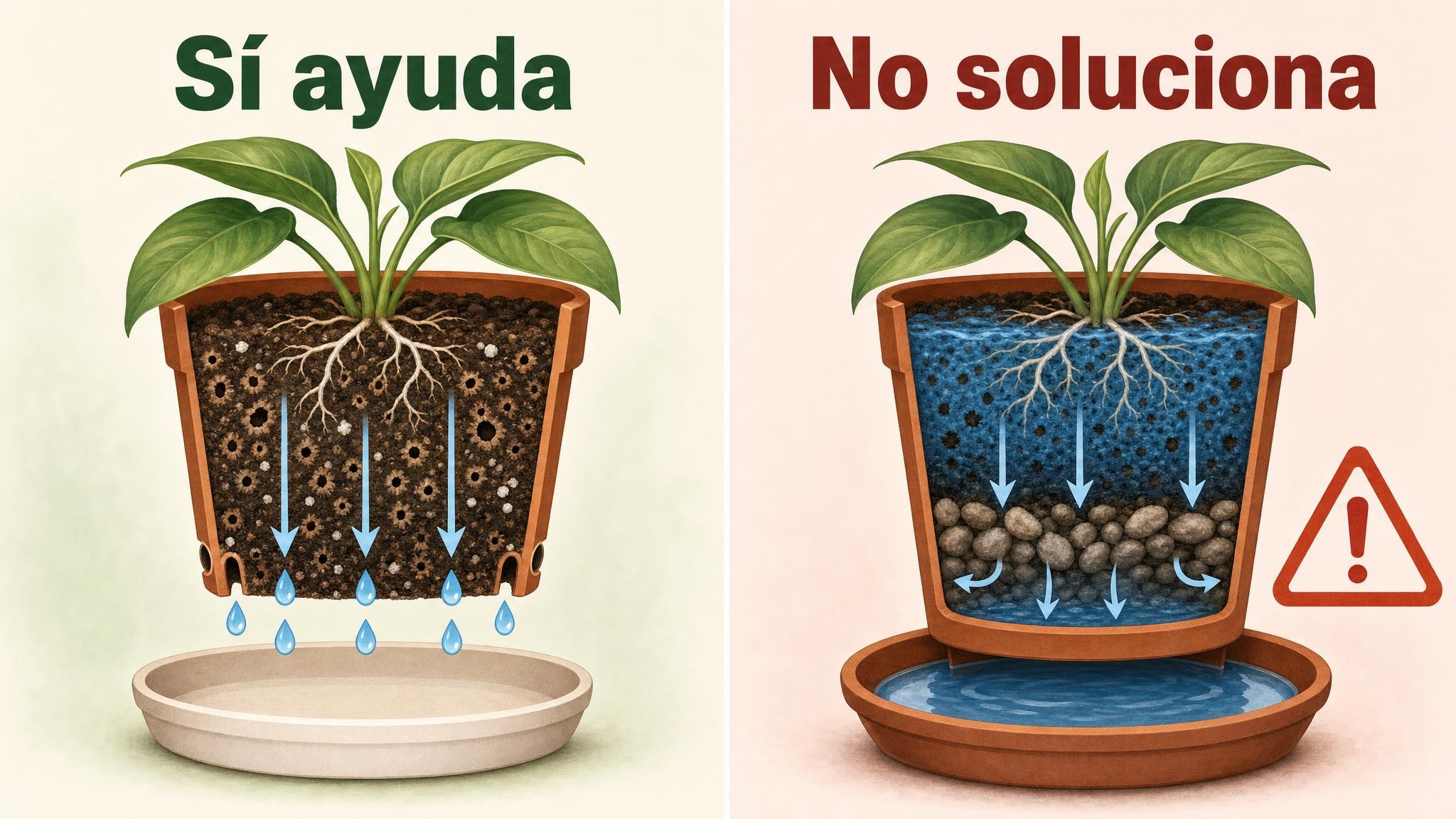 Comparación entre buen drenaje en maceta y el problema de usar piedras en el fondo con agua estancada.