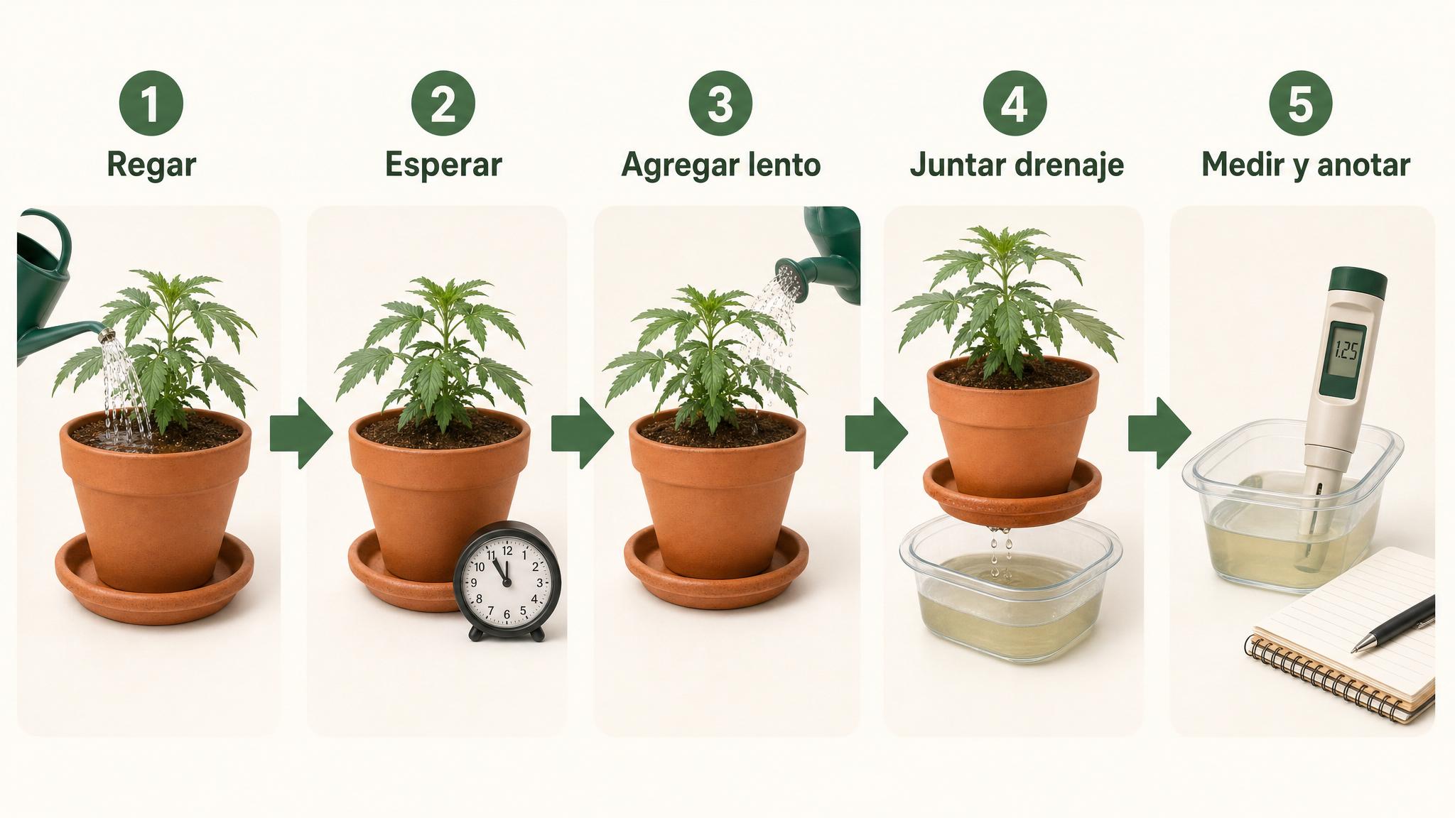Flujo simple para regar una maceta, juntar el drenaje y medir la EC con un medidor.