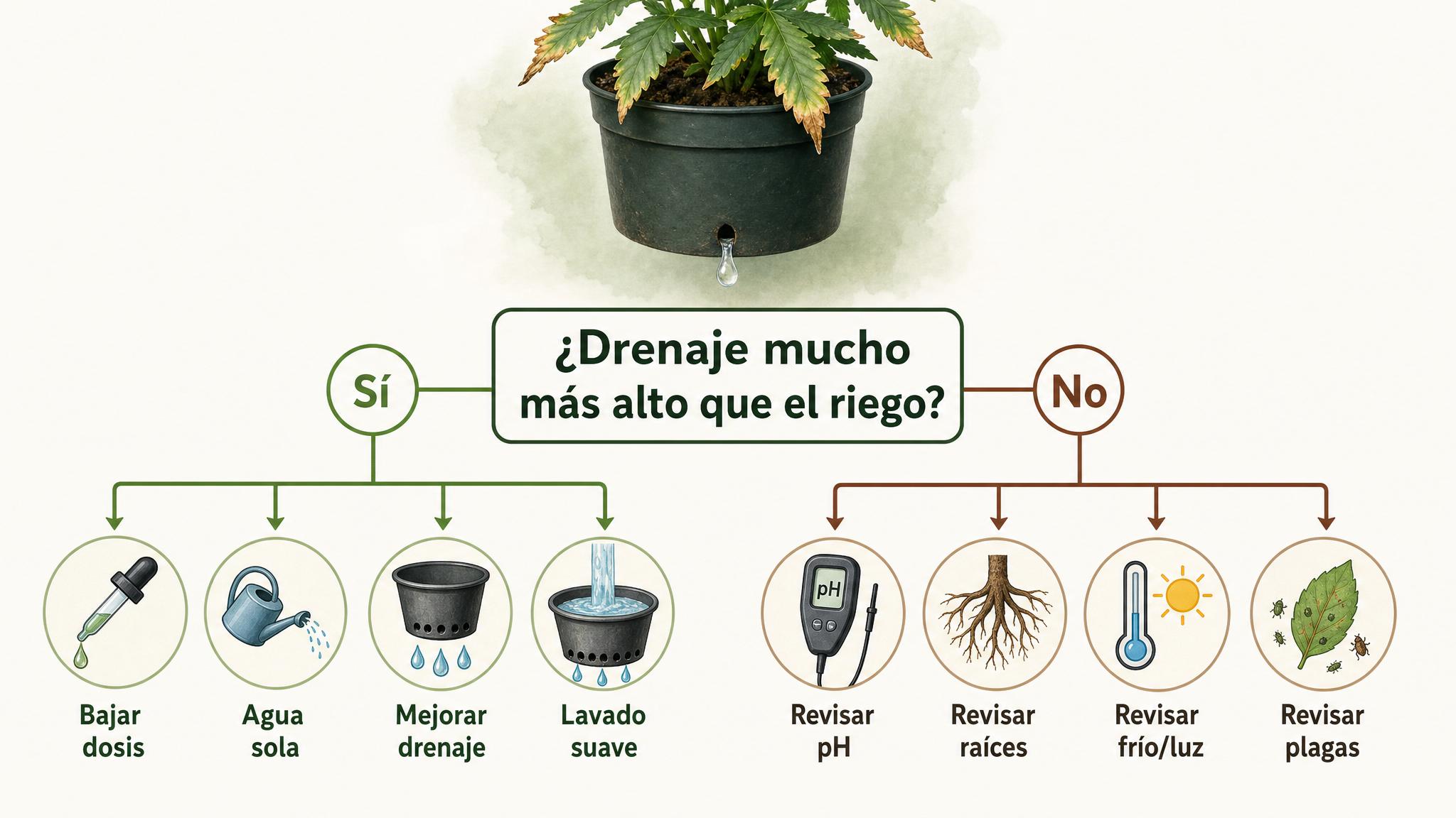 Árbol de decisión para actuar si el drenaje tiene EC alta o hay síntomas de acumulación de sales.