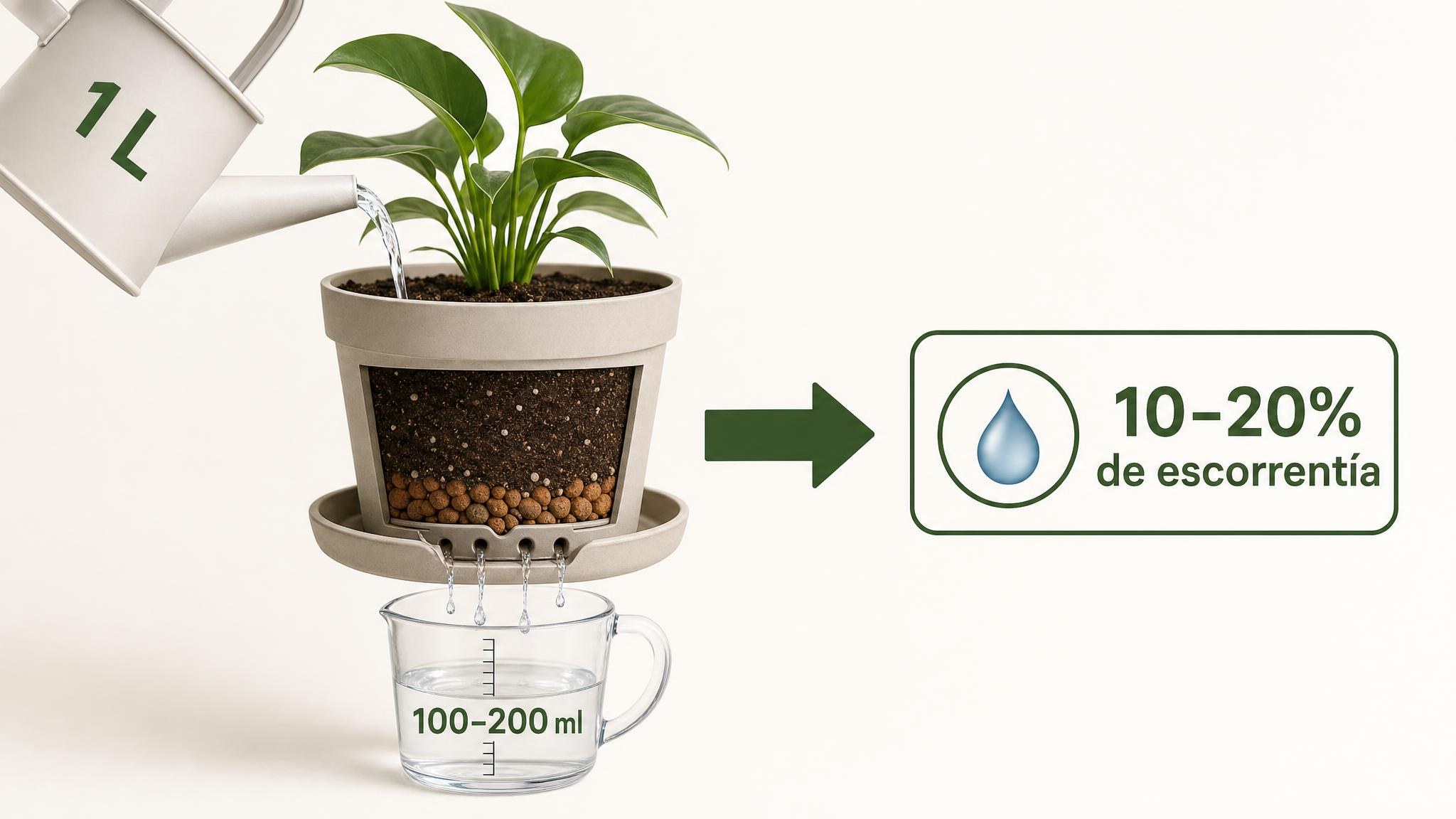 Diagrama de una maceta regada con 1 litro y 100 a 200 ml de escorrentía como referencia de drenaje.
