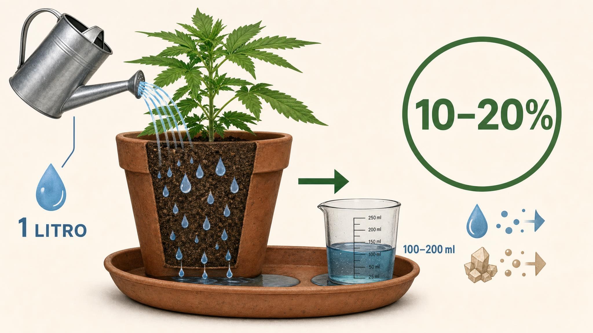 Diagrama que muestra que de 1 litro de riego conviene obtener aproximadamente 100 a 200 ml de drenaje.