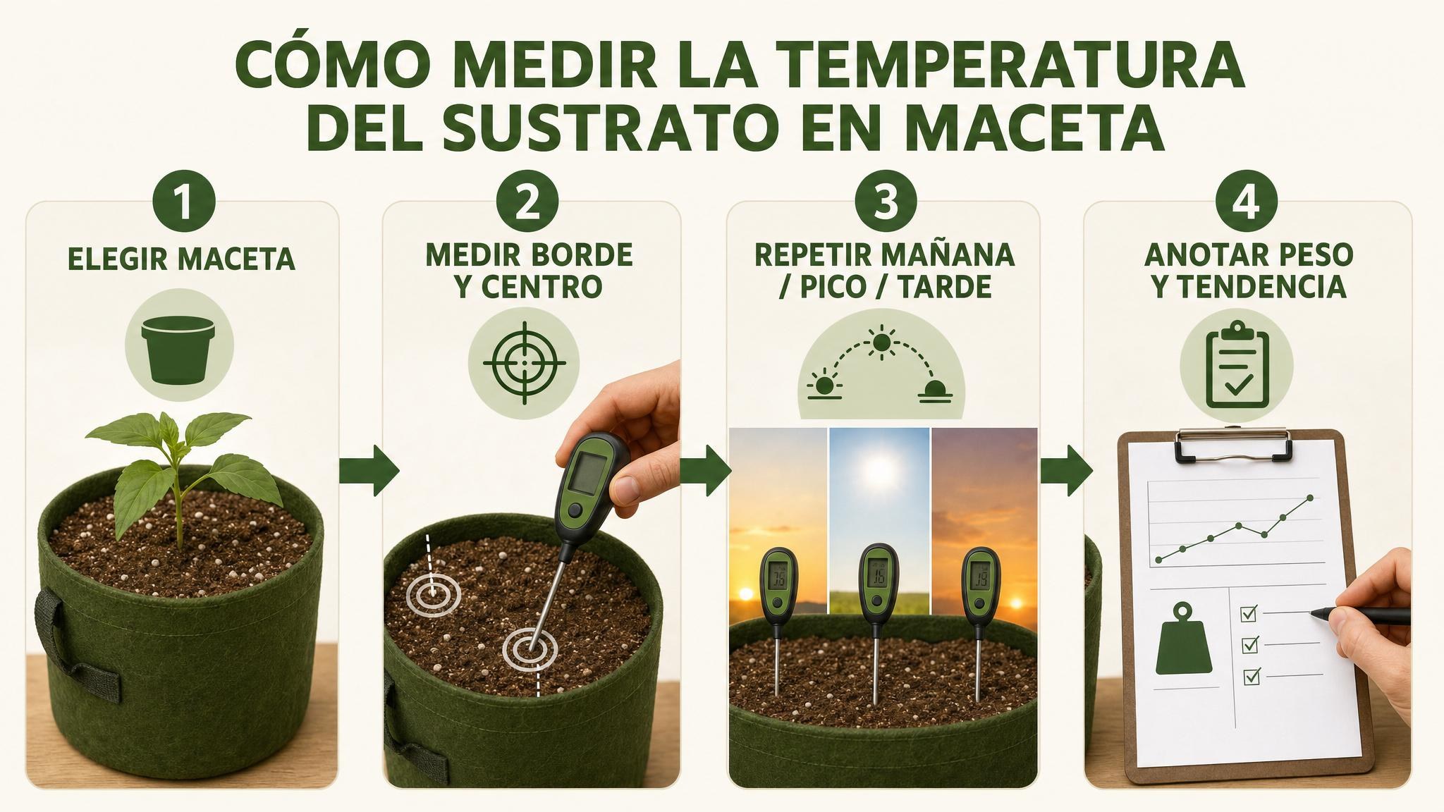 Flujo de cuatro pasos para medir la temperatura del sustrato con una sonda en una maceta.