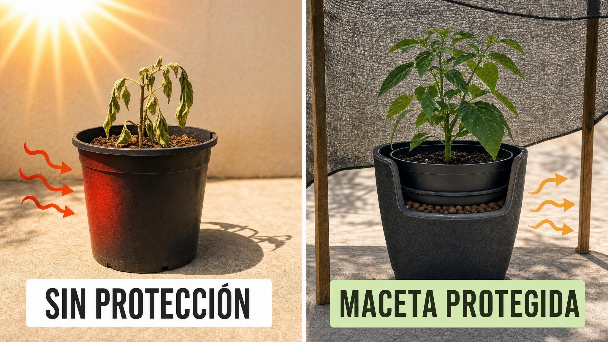 Comparación entre una maceta negra expuesta al sol y una maceta protegida con sombra o doble contenedor.