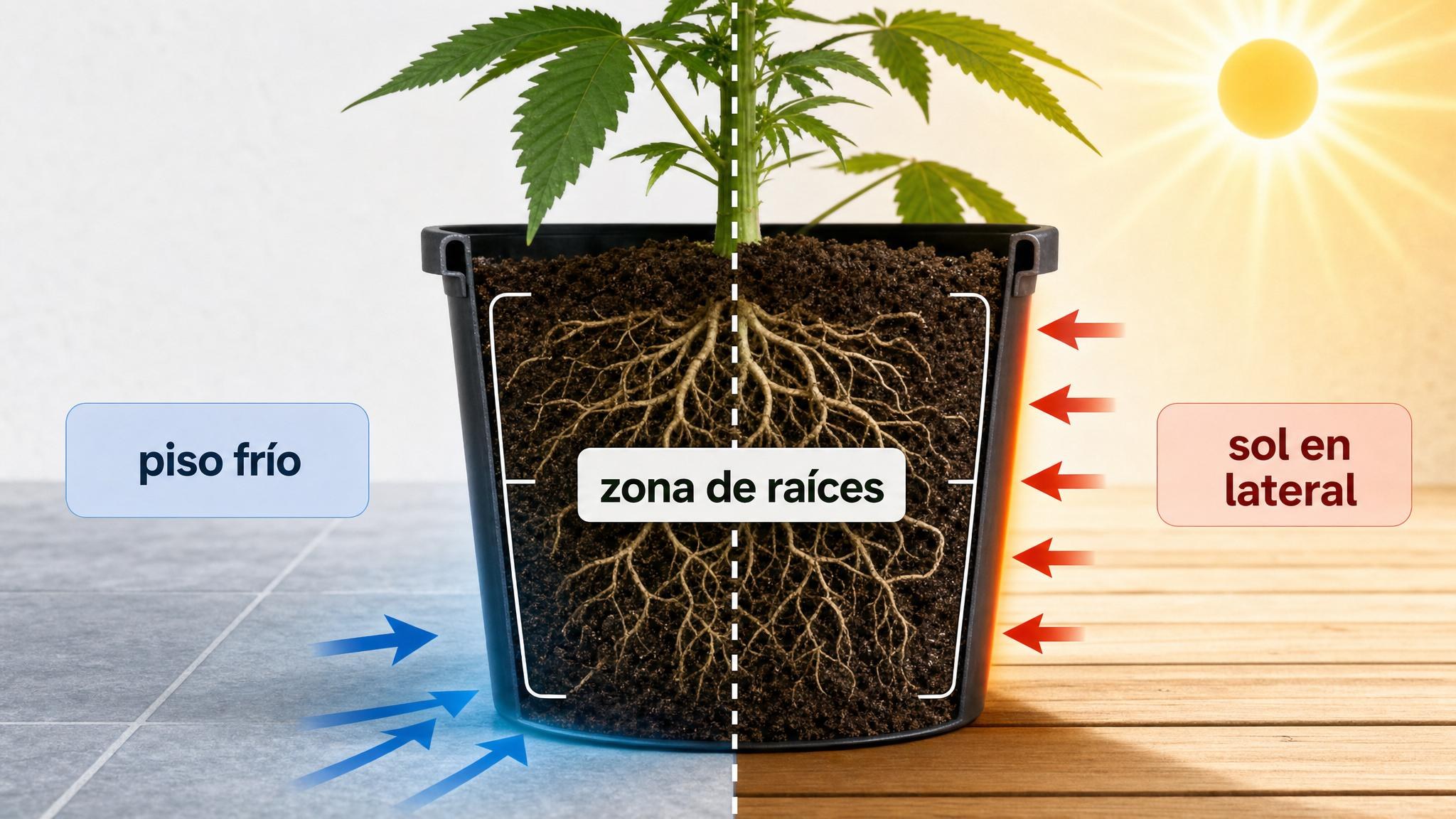 Diagrama de una maceta mostrando cómo el piso frío y el sol directo modifican la temperatura de la zona de raíces.