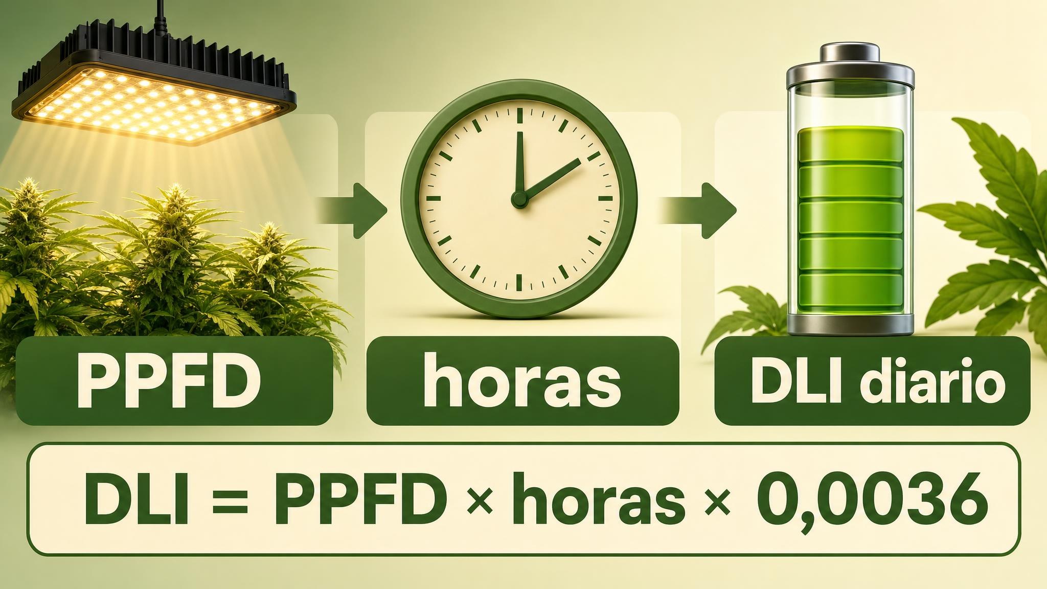 Diagrama que explica que el DLI diario depende de la intensidad PPFD y de las horas de luz.