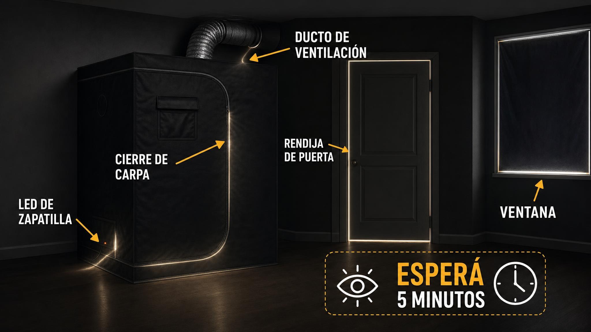 Diagrama de una carpa indoor mostrando posibles fugas de luz y la prueba de esperar cinco minutos para detectarlas.