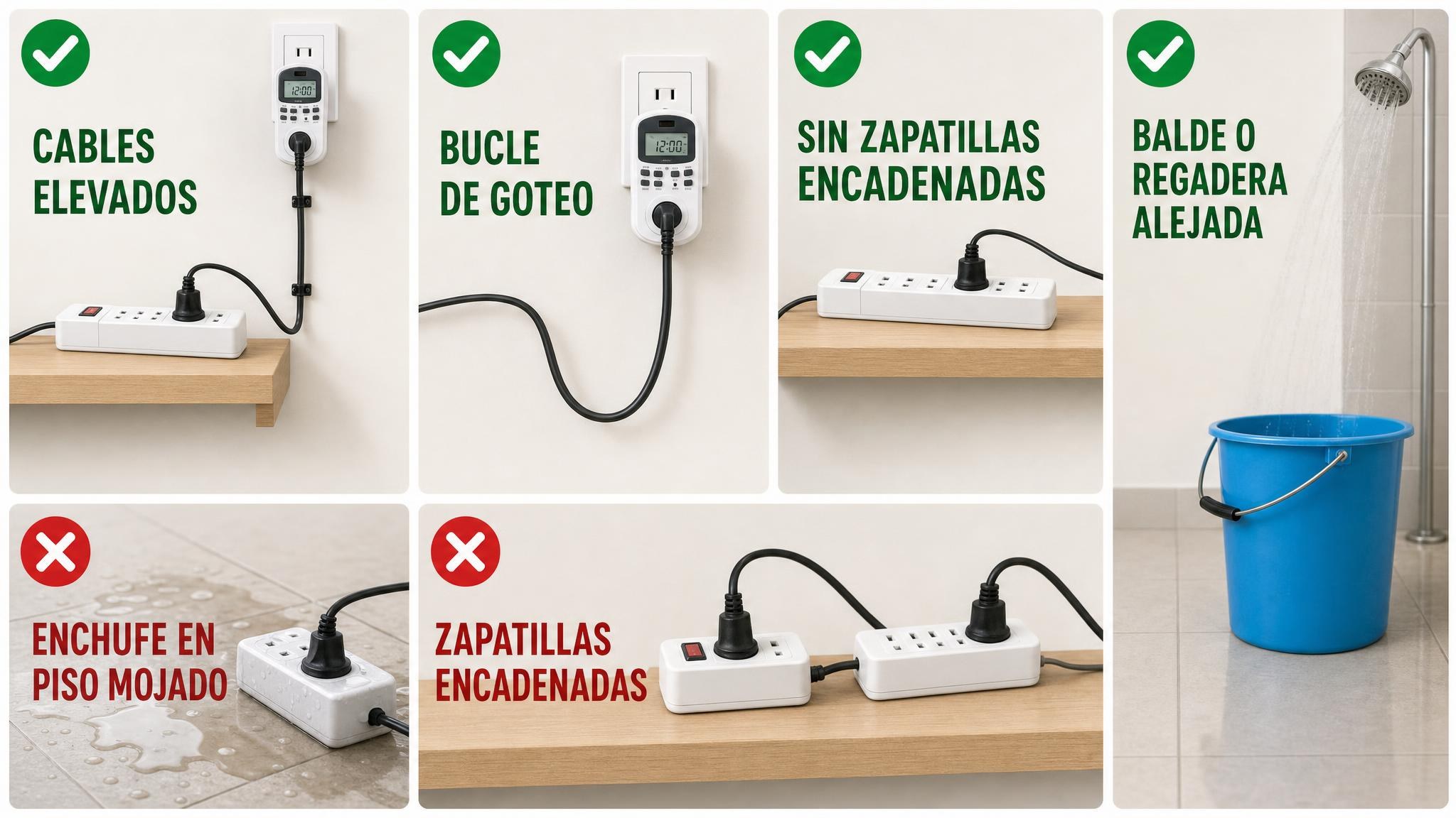 Checklist visual de seguridad eléctrica en indoor con cables elevados, bucle de goteo y advertencia de no usar enchufes en piso mojado.