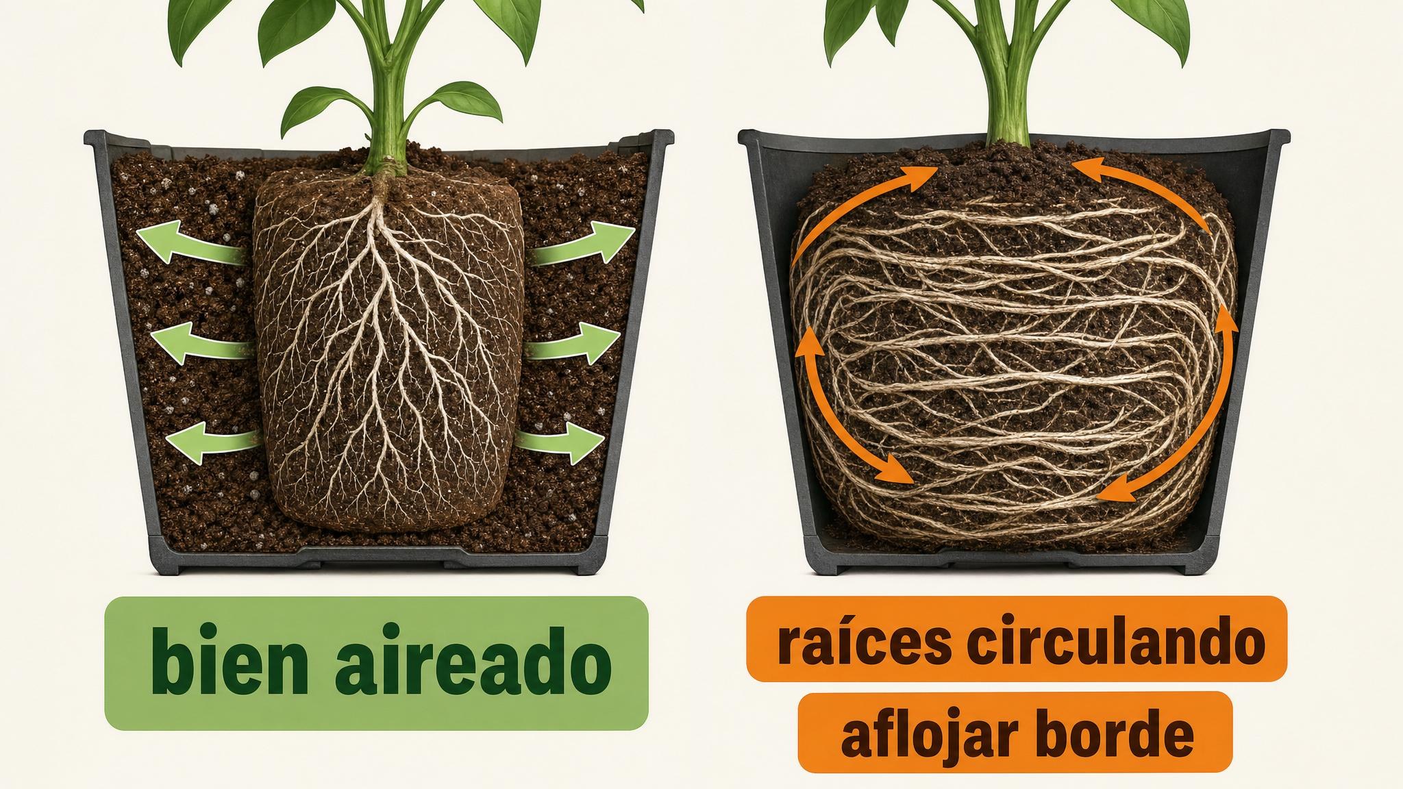 Comparación entre un cepellón sano y uno con raíces girando en círculos dentro de la maceta.