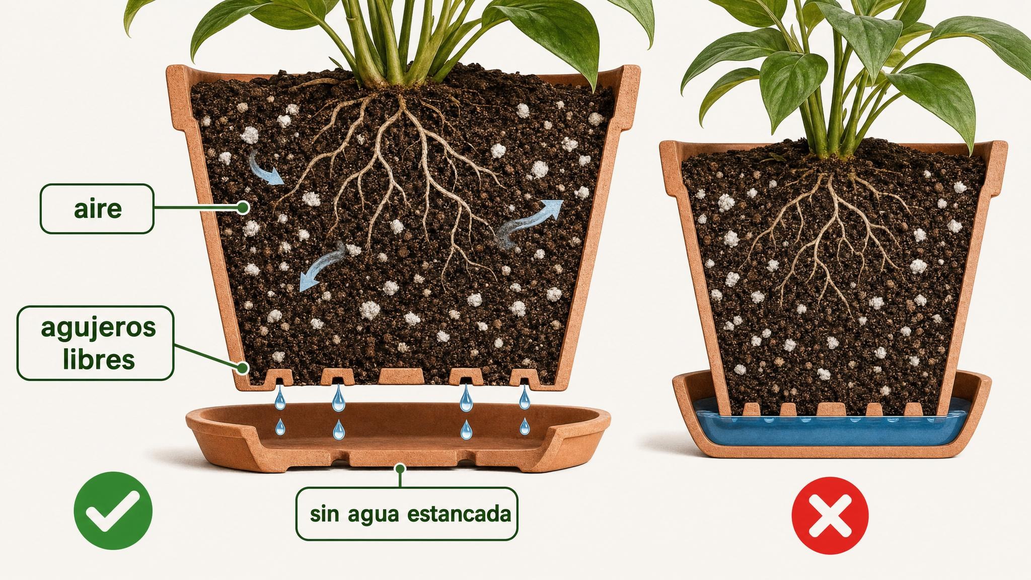 Corte de maceta con buen drenaje, sustrato aireado y plato sin agua estancada.
