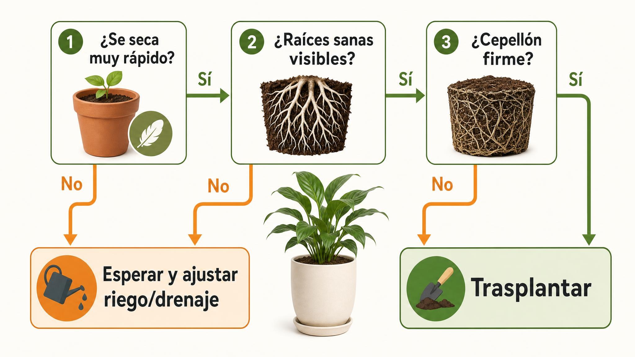 Flujo visual para decidir si una planta en maceta necesita trasplante según secado, raíces y cepellón.
