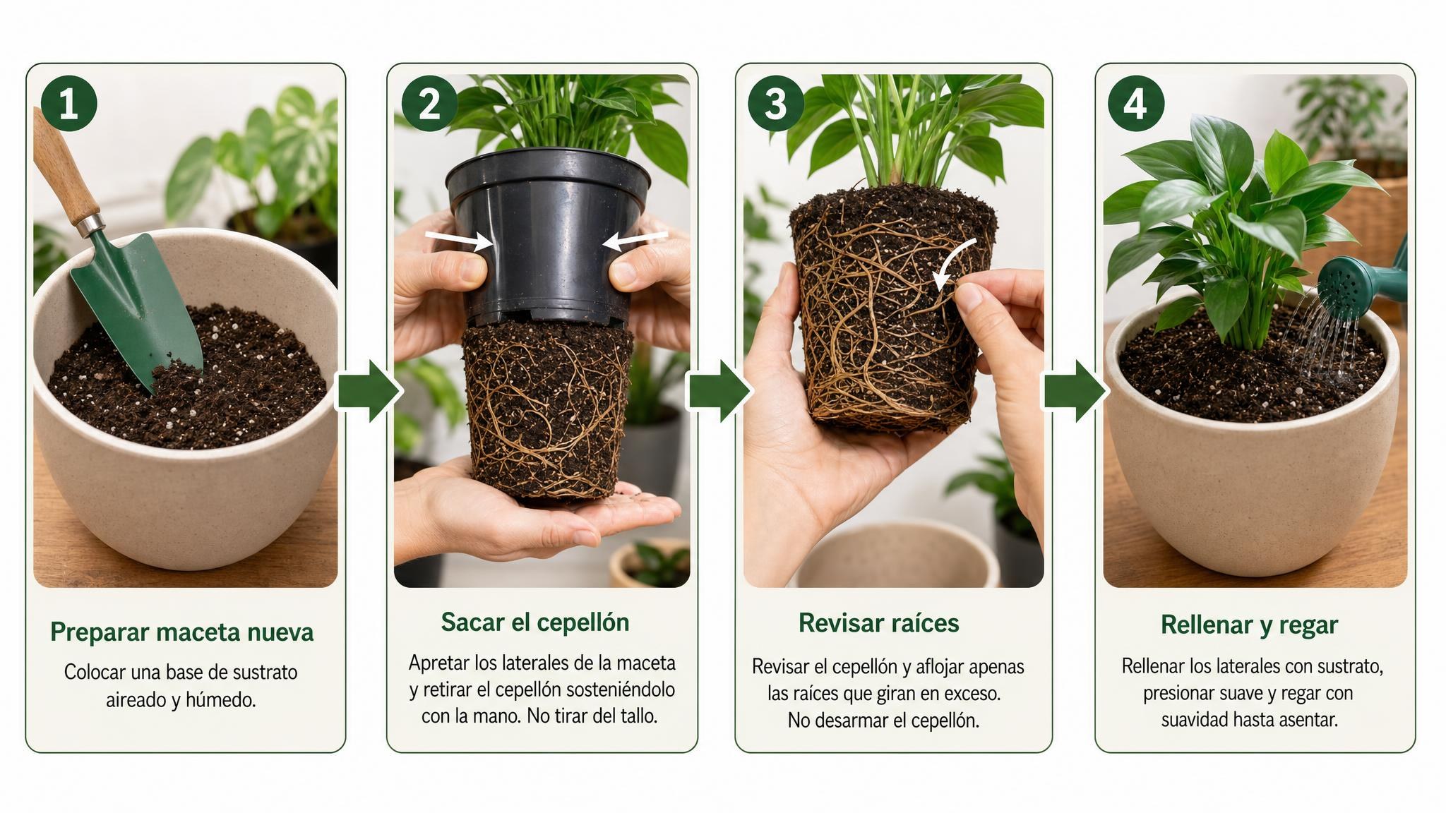 Cuatro pasos visuales para trasplantar una planta sin romper el cepellón ni dañar raíces.