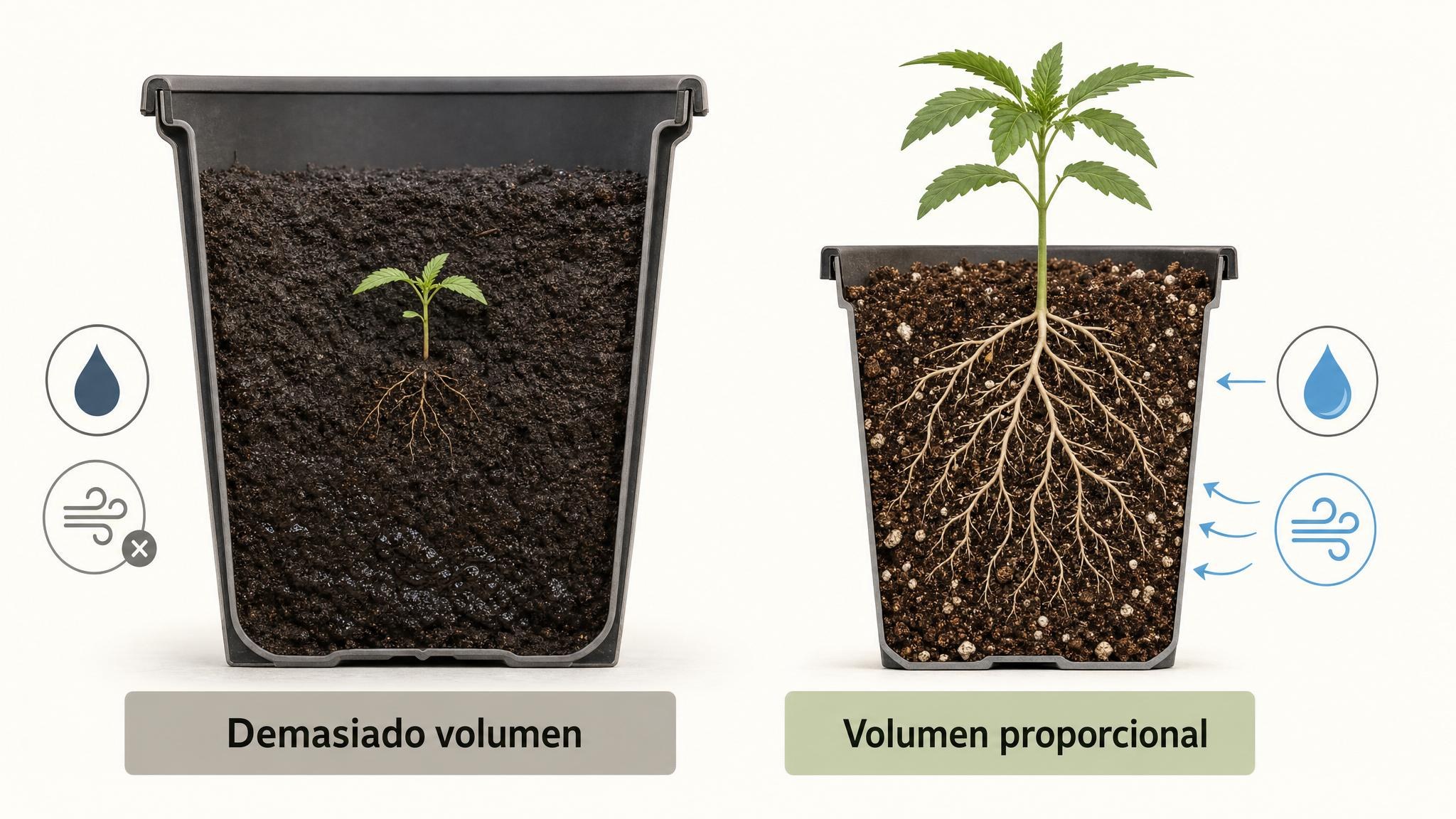 Comparación entre una planta chica en maceta demasiado grande y otra en una maceta proporcional, mostrando humedad excesiva y mejor aireación.