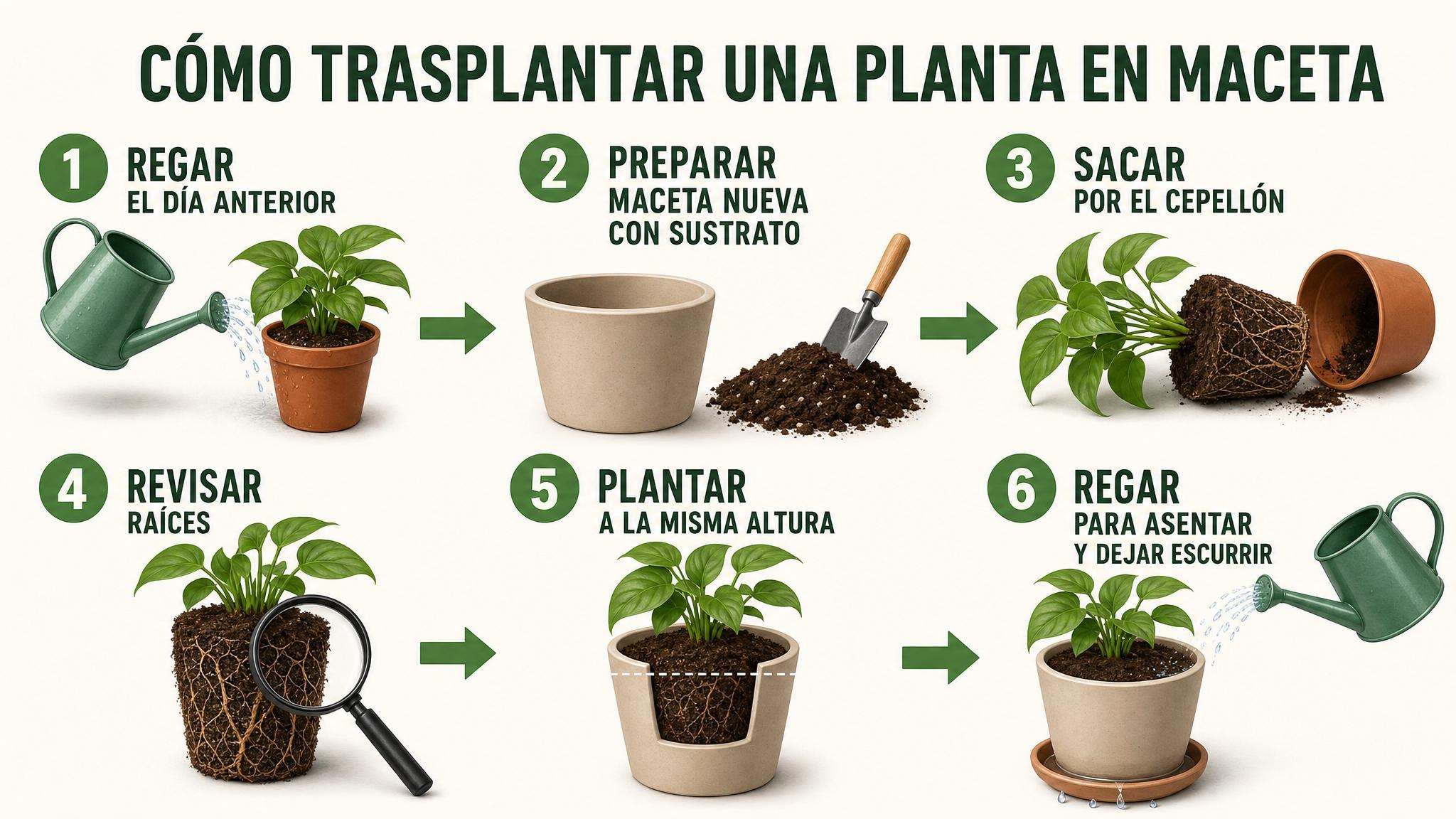 Flujograma con seis pasos para trasplantar una planta en maceta sin dañar el cepellón.