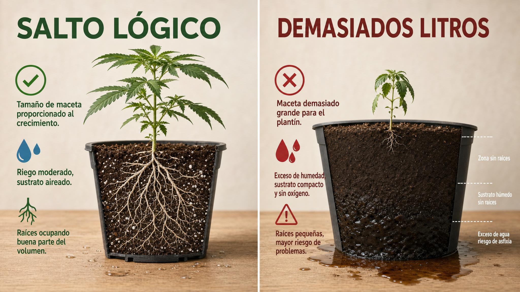 Comparación entre un trasplante con salto de tamaño lógico y una maceta demasiado grande con sustrato húmedo sin raíces.
