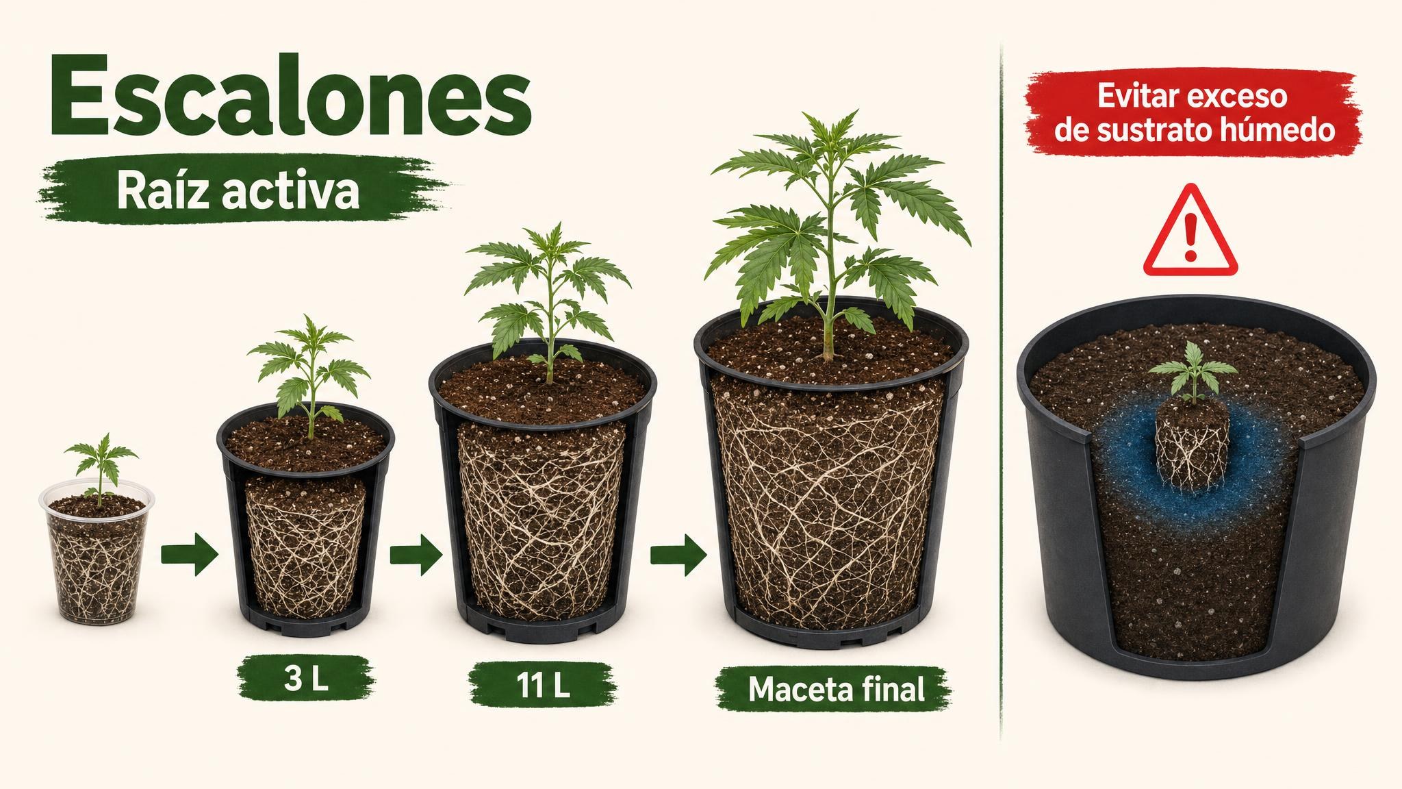 Secuencia visual de trasplante escalonado desde plantín hasta maceta final, comparada con el error de usar una maceta demasiado grande.