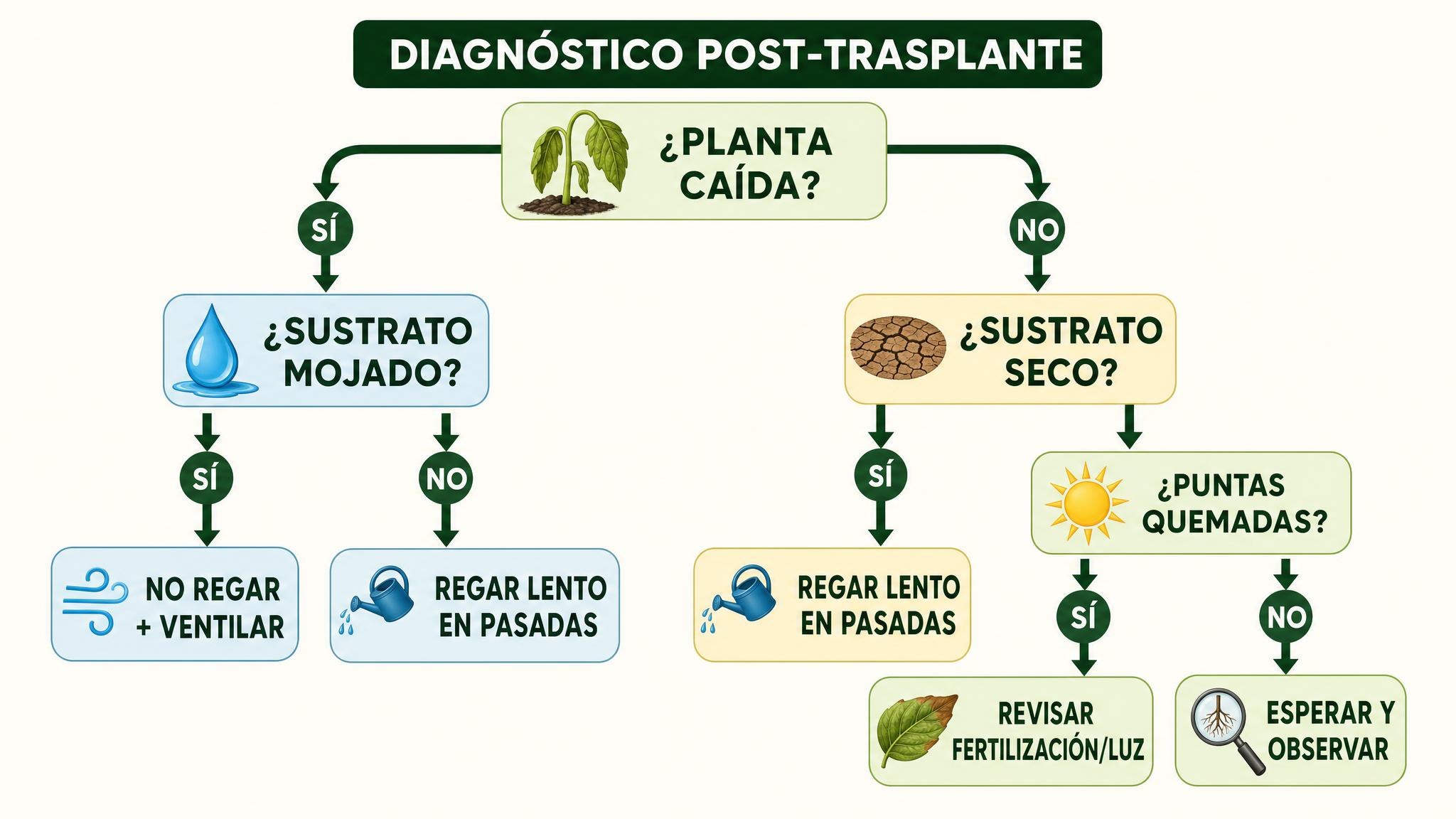 Diagrama de diagnóstico para interpretar caída, exceso de humedad, sequedad o puntas quemadas después del trasplante.