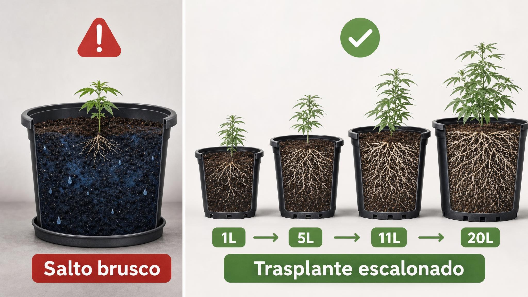 Comparación entre pasar una planta chica a una maceta enorme y subir de tamaño de forma escalonada.