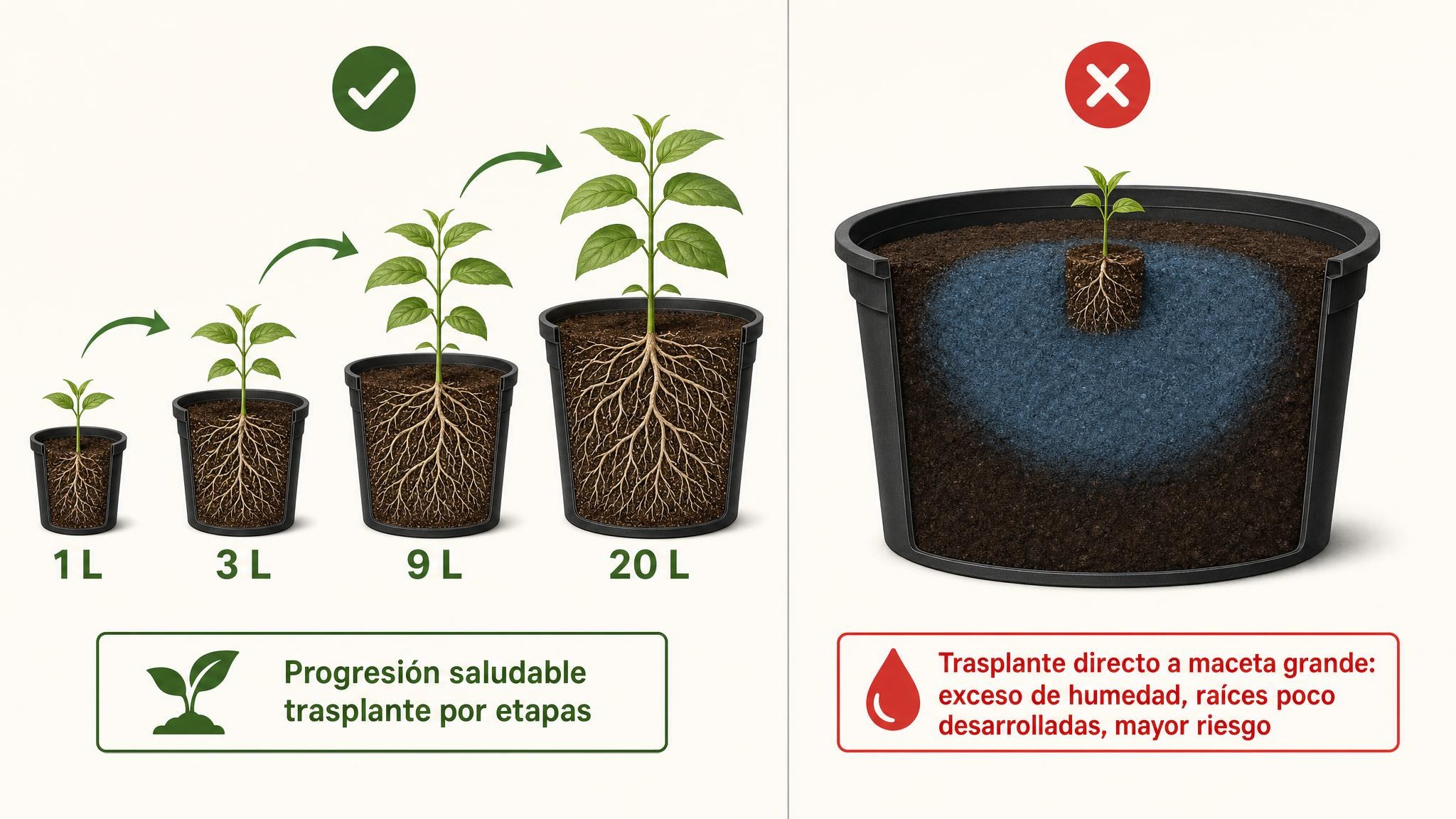 Comparación entre subir de maceta por etapas y pasar un plantín directo a una maceta demasiado grande.