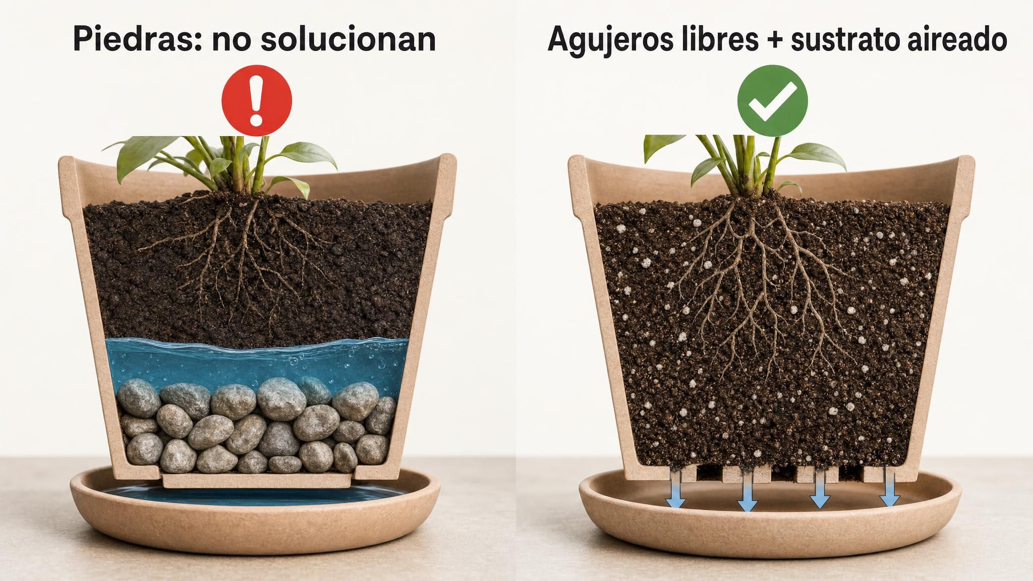 Diagrama que muestra por qué una capa de piedras no mejora el drenaje frente a una maceta con agujeros libres y sustrato aireado.