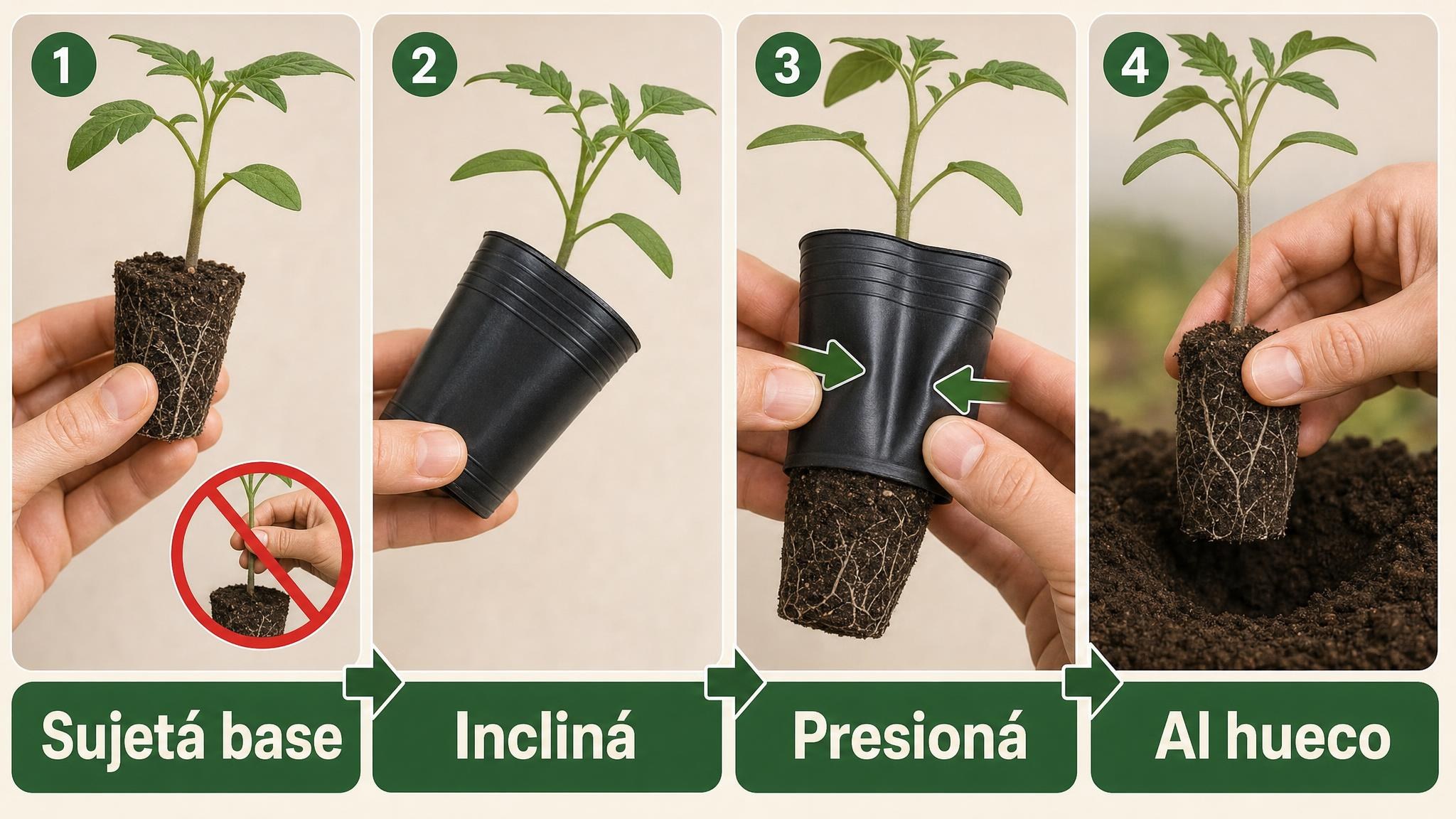 Pasos para sacar un plantín de la maceta sin tirar del tallo ni romper el pan de raíces.