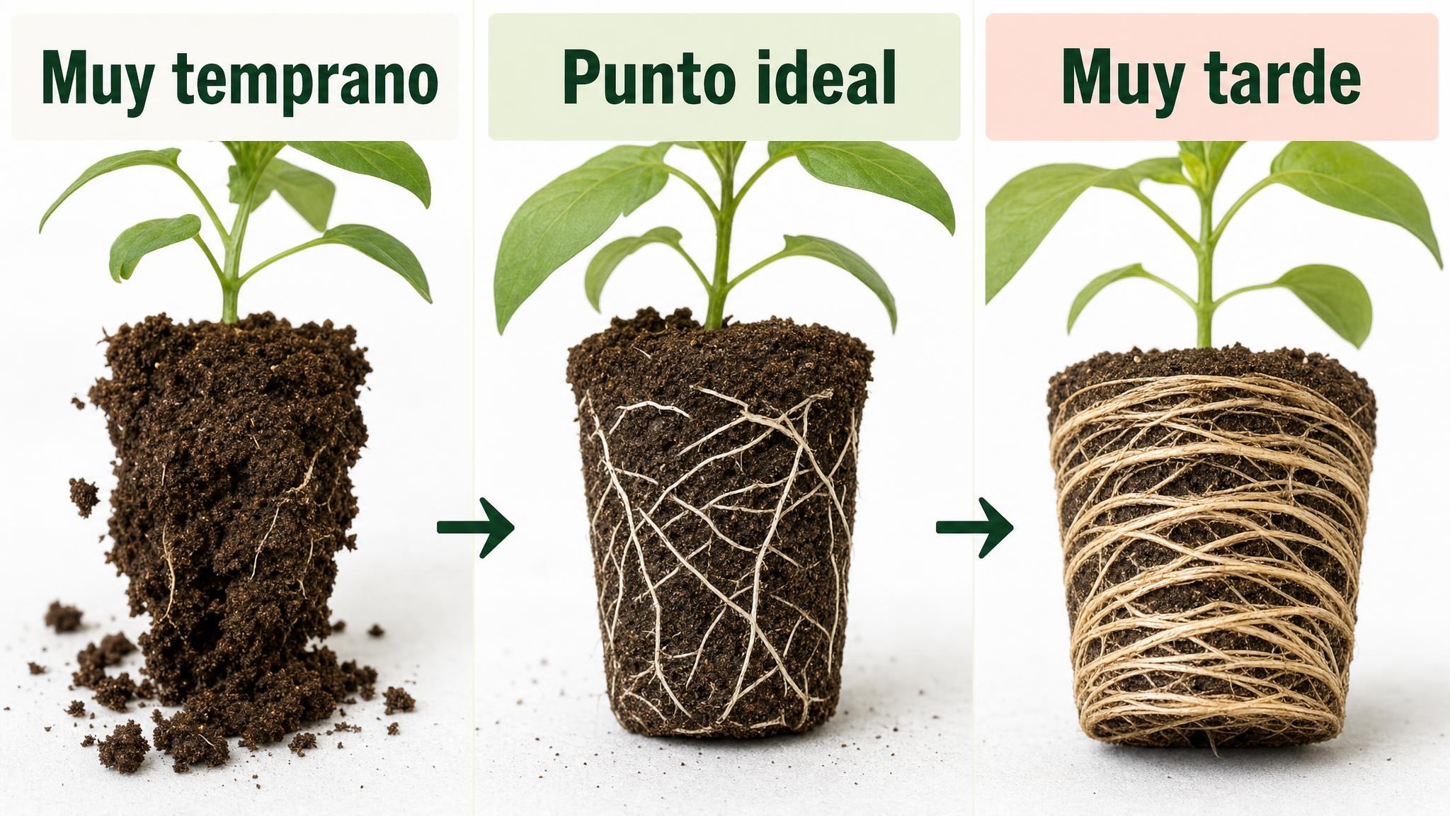 Comparación entre pan de raíces insuficiente, punto ideal de trasplante y raíces demasiado enroscadas.