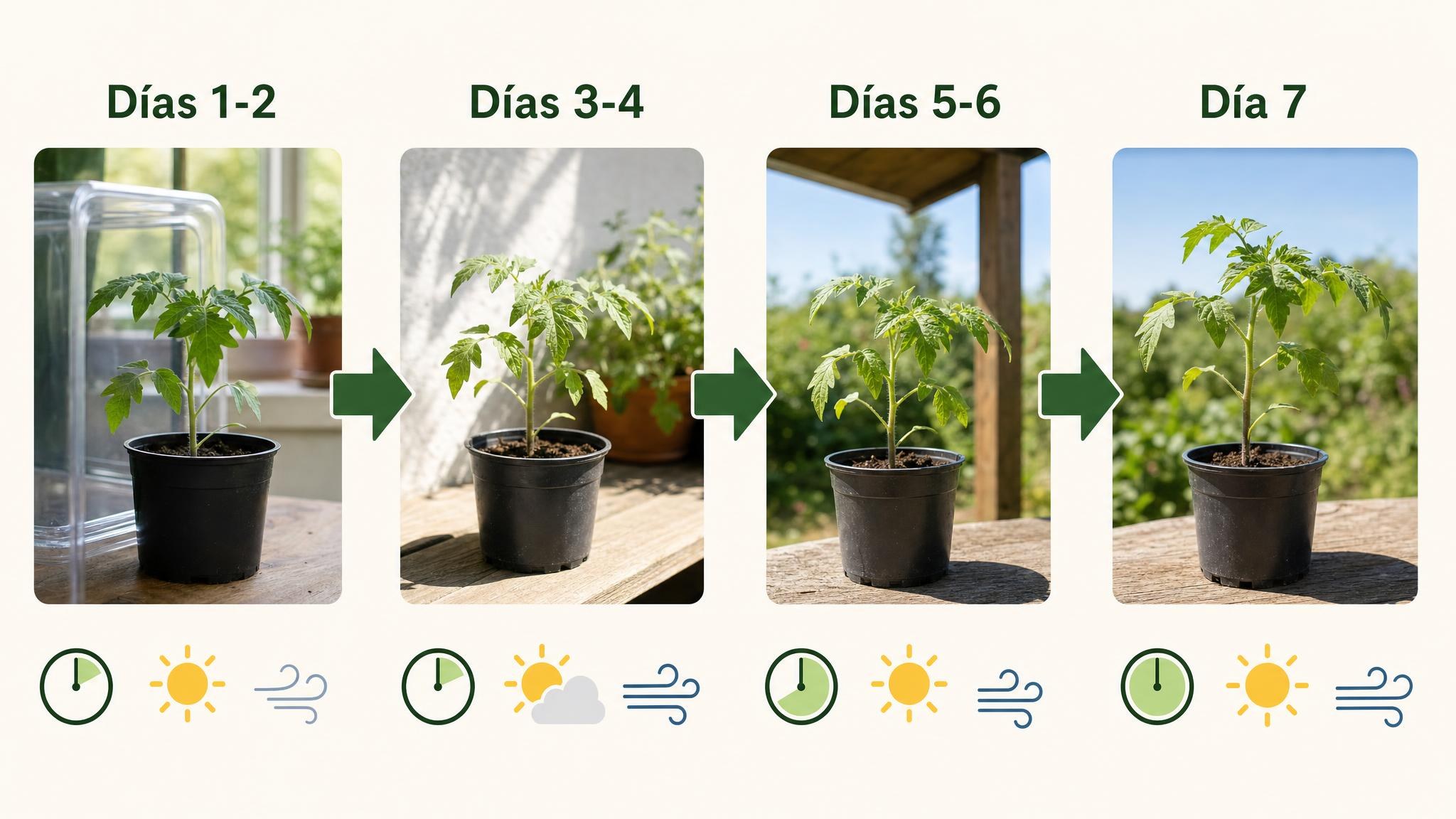 Secuencia visual de endurecimiento gradual de plantines antes del trasplante, desde sombra luminosa hasta día completo afuera.