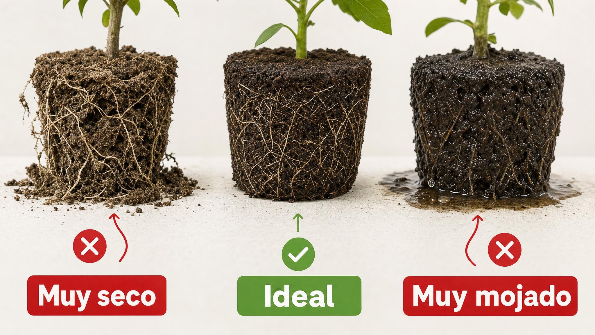 Comparación del pan de raíces demasiado seco, en punto ideal de humedad y demasiado mojado antes del trasplante.