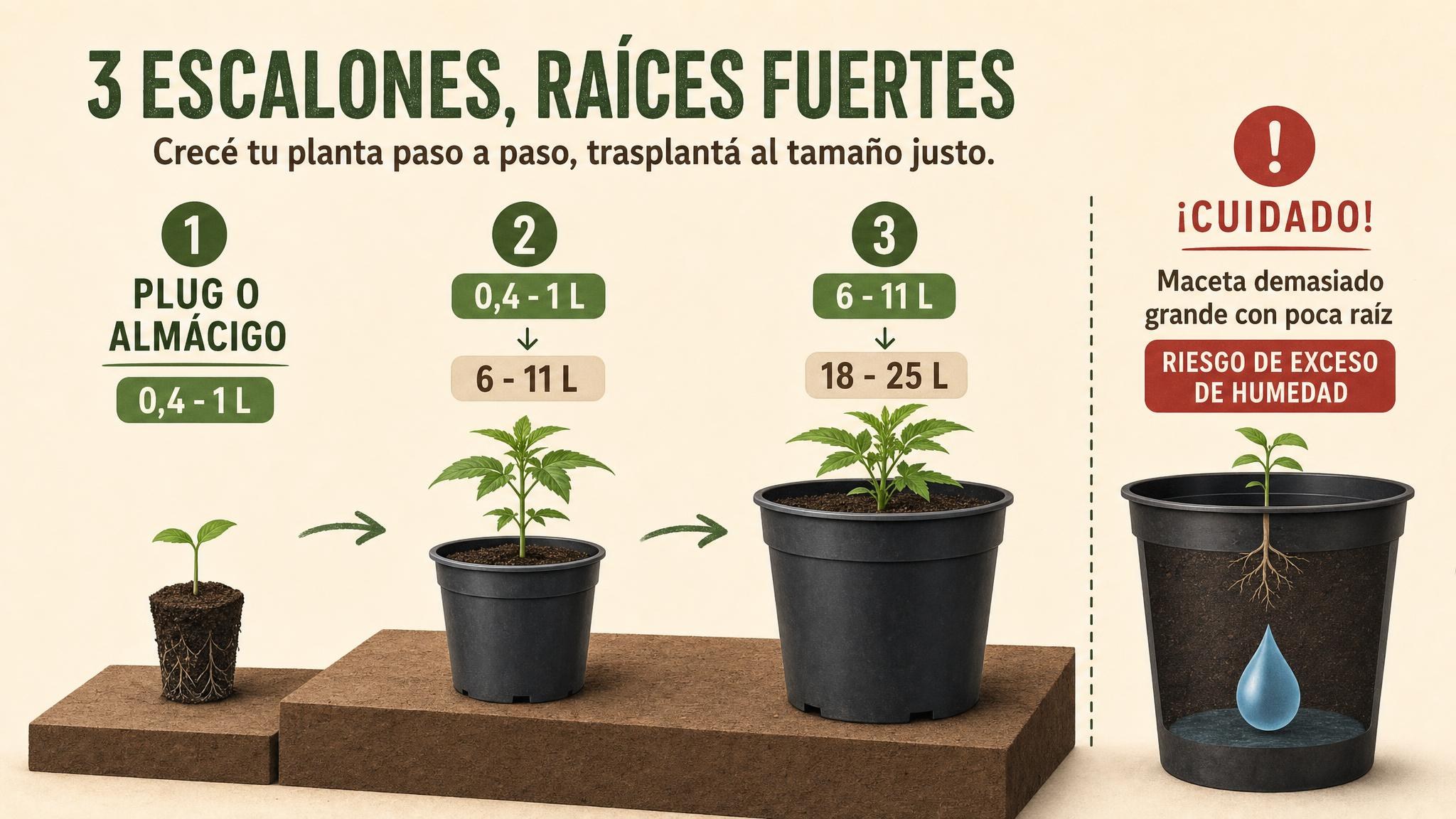 Diagrama de saltos recomendados de maceta según el tamaño de la planta y el cuidado del riego.