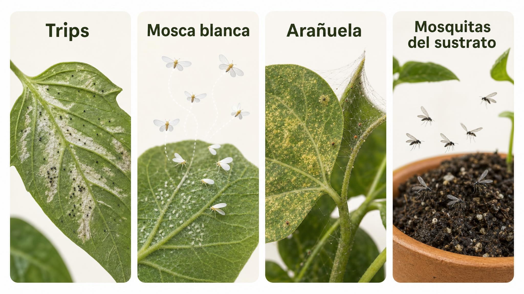 Comparación visual de señales tempranas de trips, mosca blanca, arañuela y mosquitas del sustrato.
