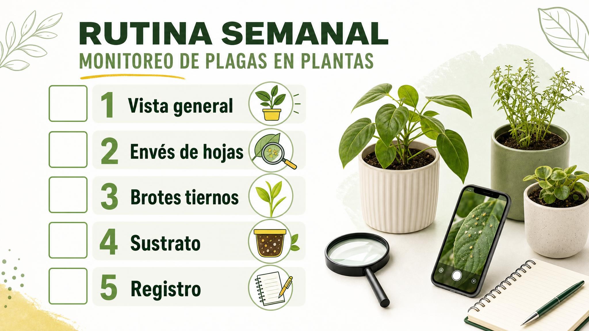 Checklist visual de cinco pasos para revisar plagas en plantas en diez minutos.