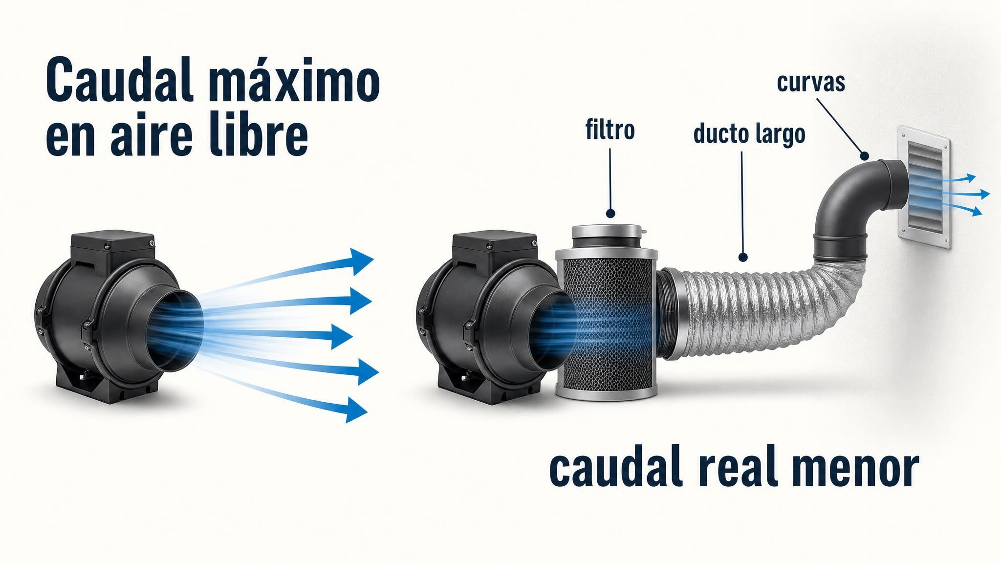 Diagrama que muestra cómo filtro, curvas y ductos reducen el caudal real de un extractor.