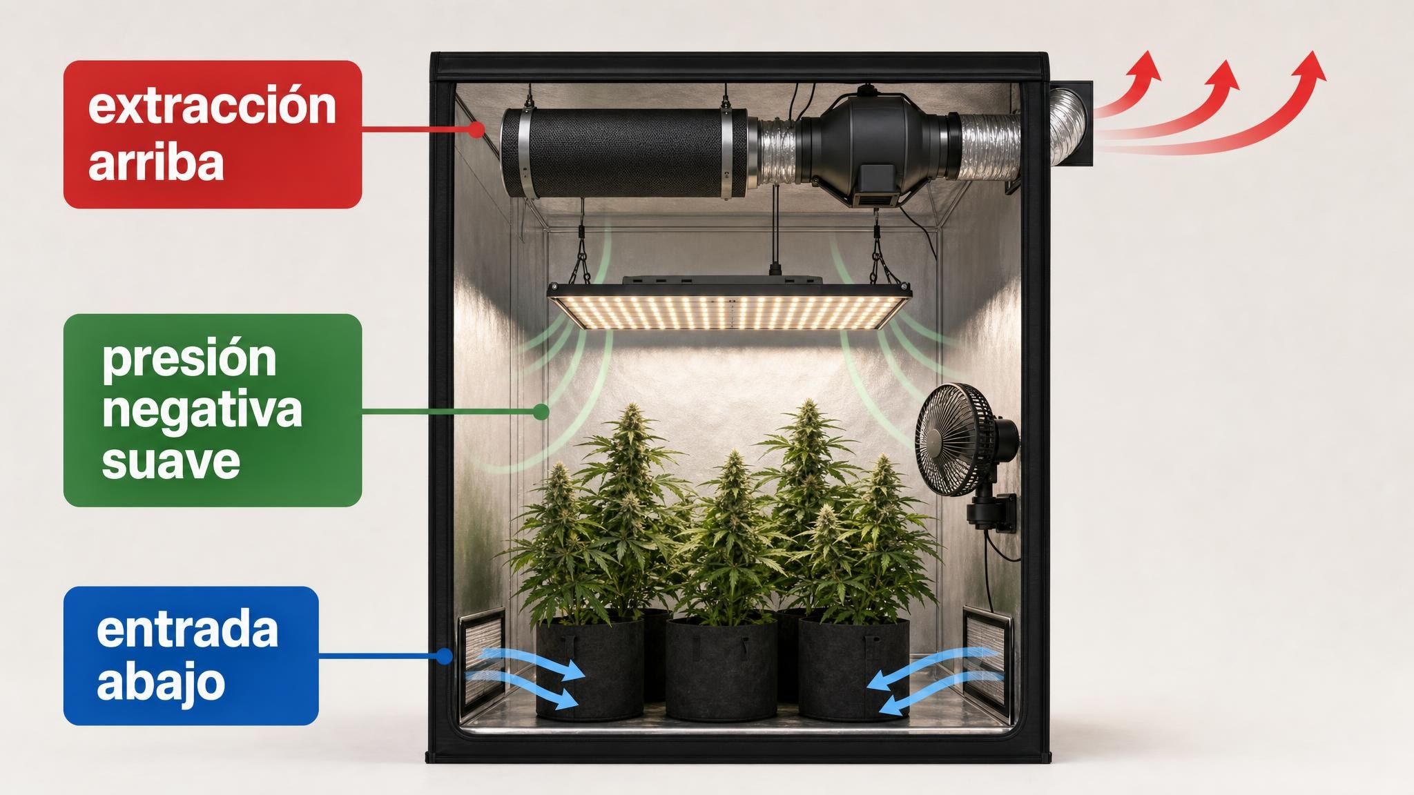 Esquema de ventilación en carpa indoor con extracción superior y entrada inferior.